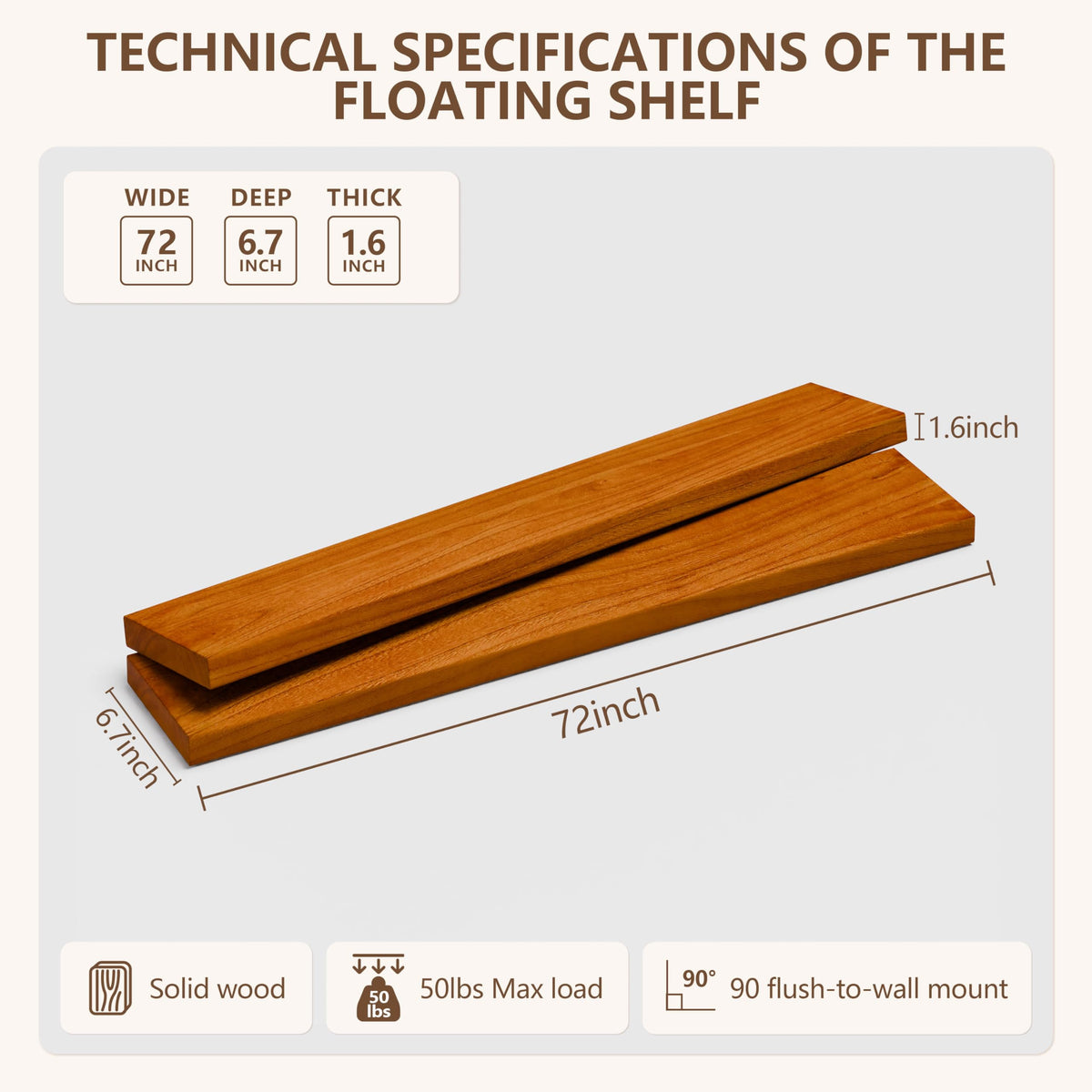 IEO Long Wooden Floating Shelves for Room Wall, Natural Wood Floating Shelves Wall Mounted Kitchen Shelf for Living Room, Bedroom, Kitchen,Bathroom, Storage (Honey Oak, 72in 2tier)
