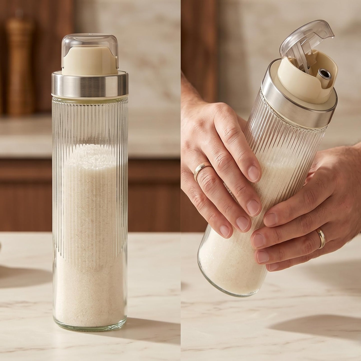 shuielai 22 oz Large Glass Sugar Dispenser with Pour Spout, Anti-Slip Ribbed Glass Container, Large Capacity Shaker Jar for Sugar Salt Coffee and Kitchen Baking