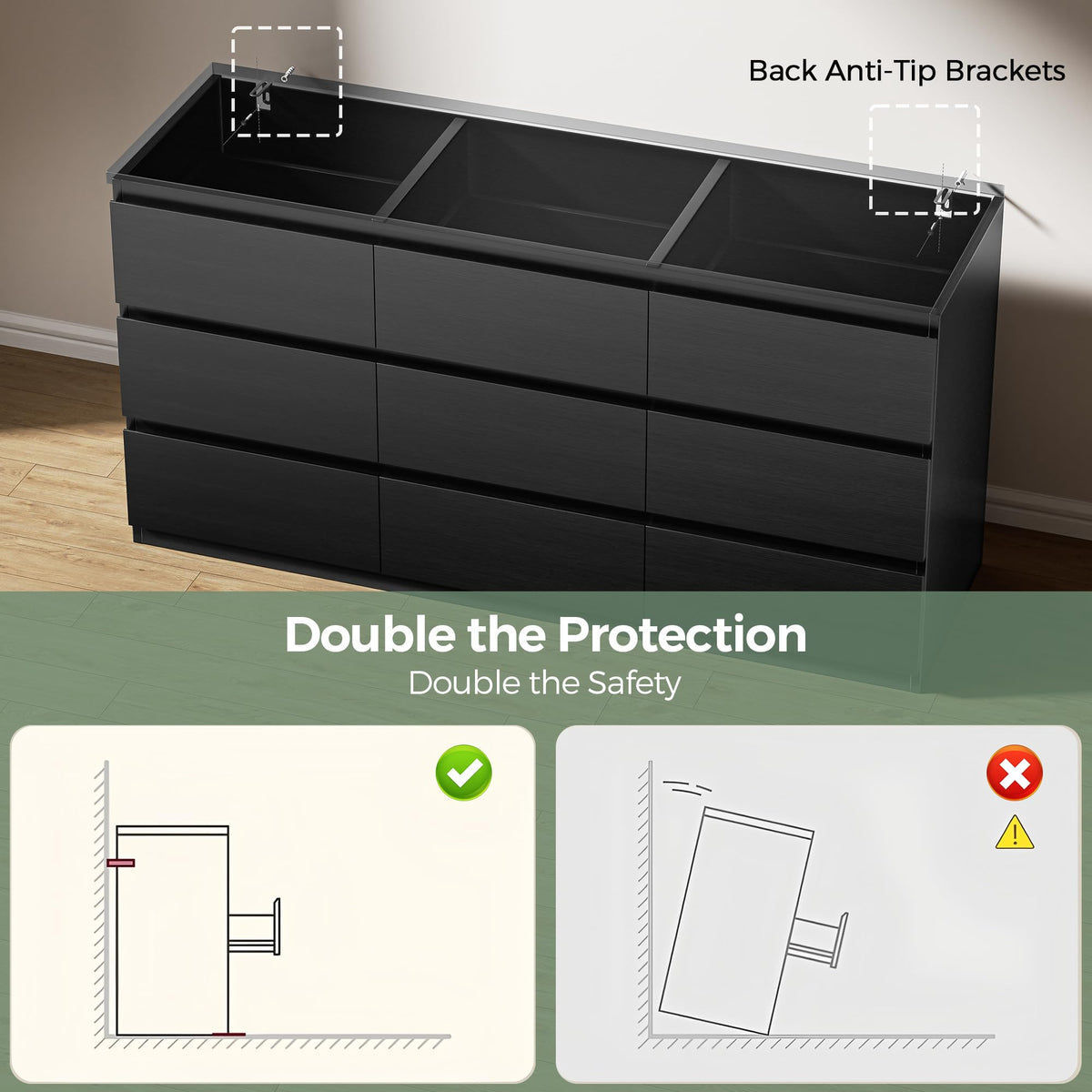 Jocoevol Modern Black 9 Drawer Dresser for Bedroom, Simply Chest of Drawers, Wood Storage Dresser with Deep Drawers for Living Room Hallway Entryway (Black)