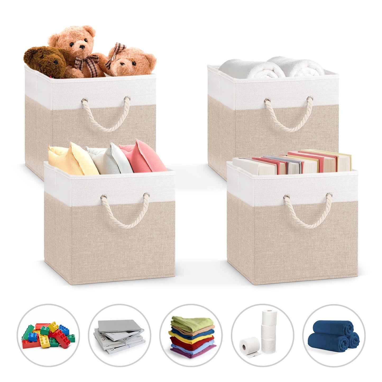 Woodluv Storage Cube Boxes Large, Set of 4 Foldable Storage Basket for Cupboards, Shelves, Closet, Set of 4, Beige, 25 x 25 x 25 cm