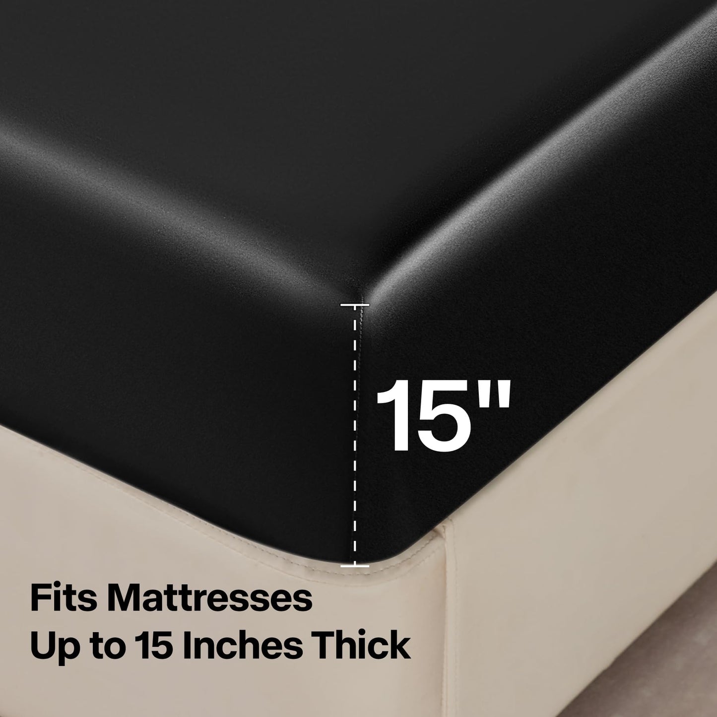 BEDELITE Satin Queen Fitted Sheet & Pillowcase Set - 3-Piece Luxury Soft Silk-Like with 1 Deep Pocket Fitted Sheet (Fits 15" Mattress) & 2 Pillowcases, Elastic Corner Straps (Black)