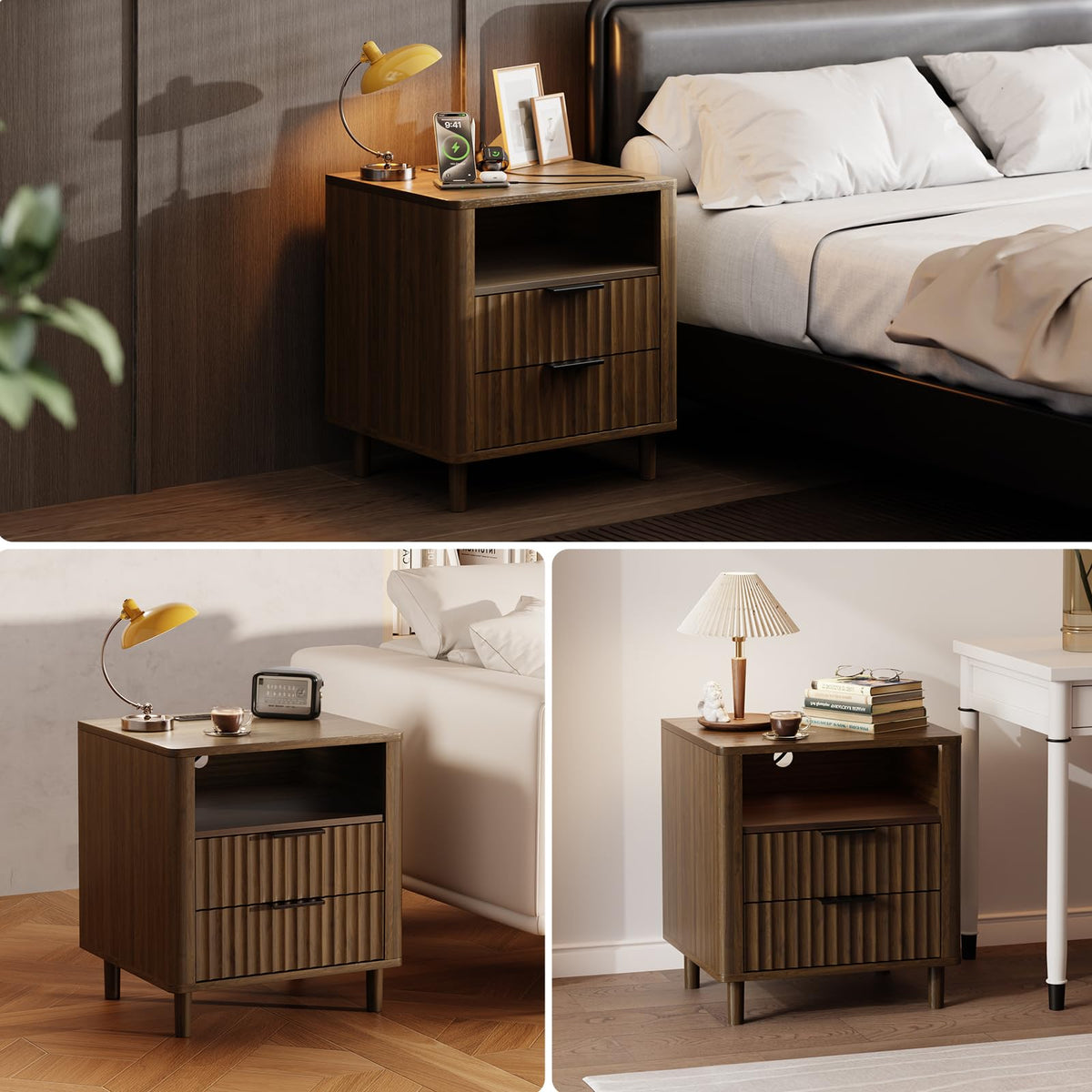 Fluted Nightstand with Charging Station, 2 Drawers Storage Bedside Table, Solid Wood Modern Nightstand with Open Shelf, Curved Profile Design, End Table for Indoor Room Bedroom Office, Walnut