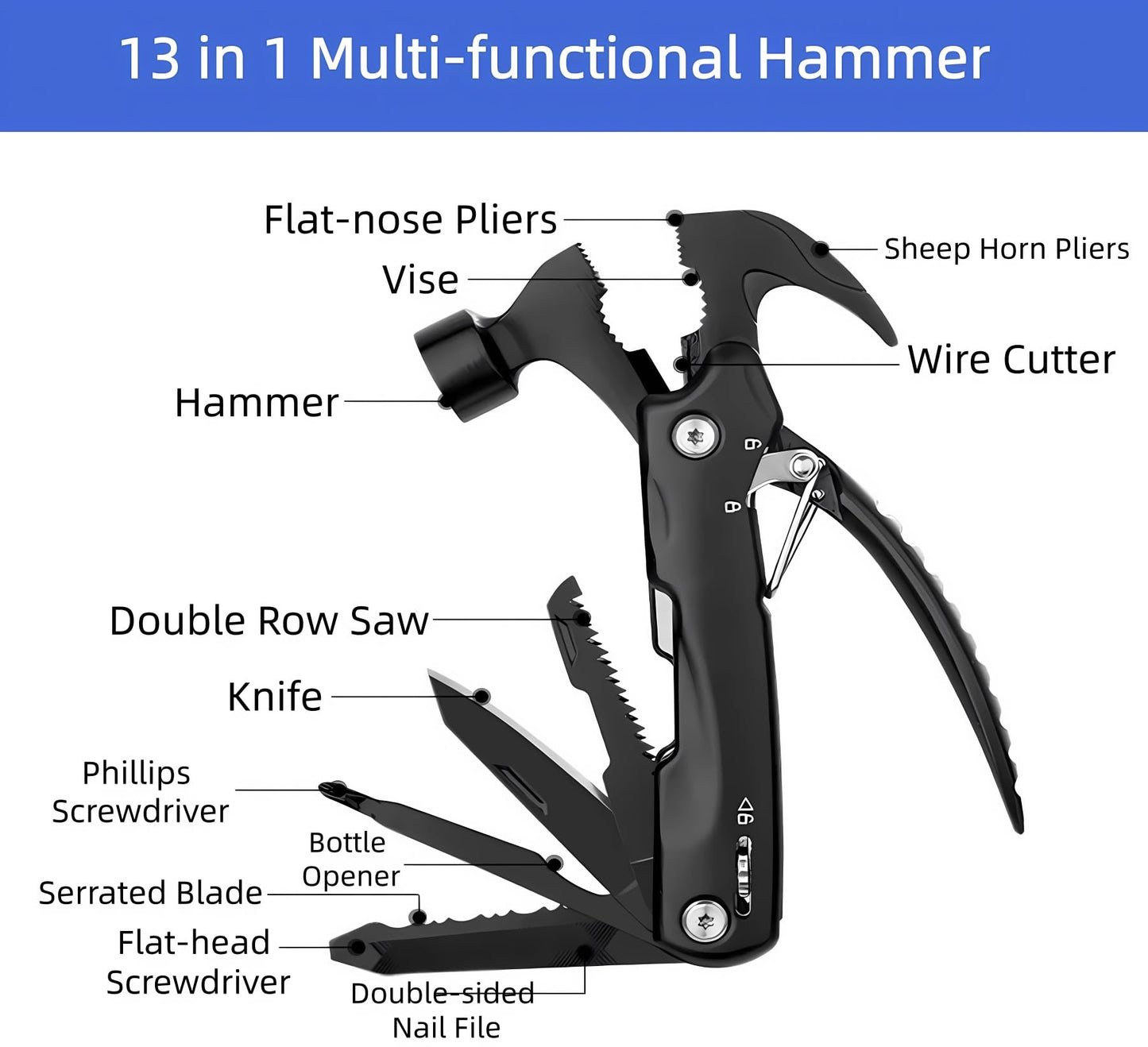 13-in-1 Mutitool, Stainless Steel Multi-functional Hammers with Hammer Saw Screwdrivers Pliers Bottle Opener Foldable Multitools with Sheath, Ideal for Camping,Survival,Repair Great Gifts for Men