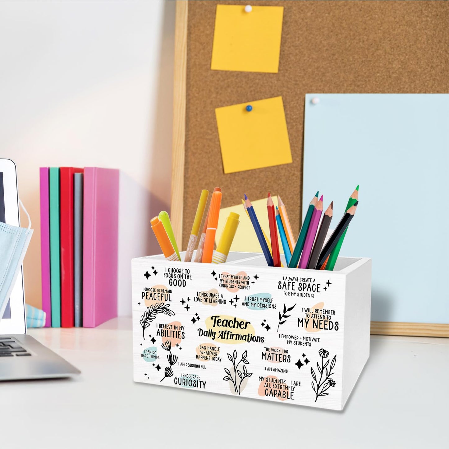 METNBASYY Teacher Daily Affirmation Pen Holder for Desk, Teacher Appreciation Gifts Pencil Organizer, Inspirational Quotes Wooden Box Sign Desk Decor for Teachers Office Home Decoration