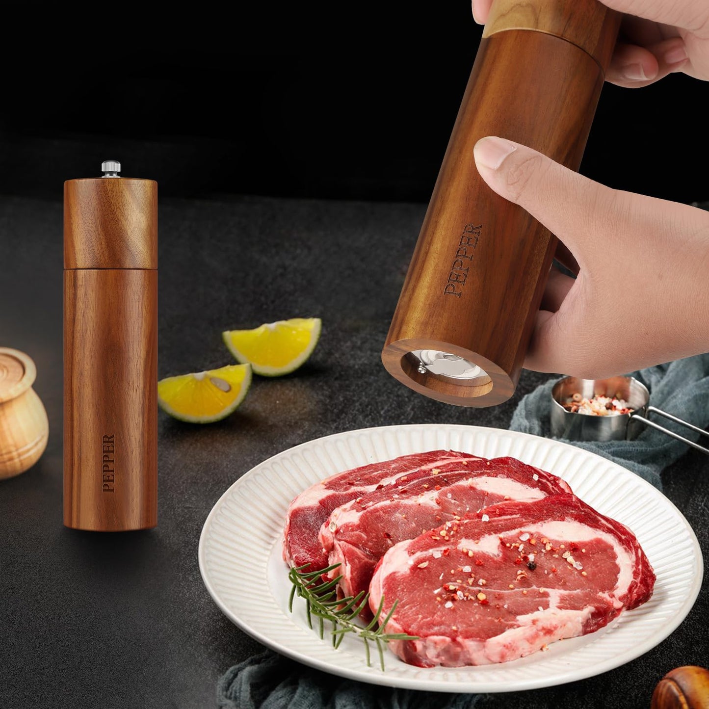 Acacia Wood Salt and Pepper Grinder Set with Base - Adjustable Ceramic Rotor Manual Pepper Mill and Salt Shaker - Refillable Wooden Spice Grinders for Kitchen Cooking, Farmhouse Decor & Gifts