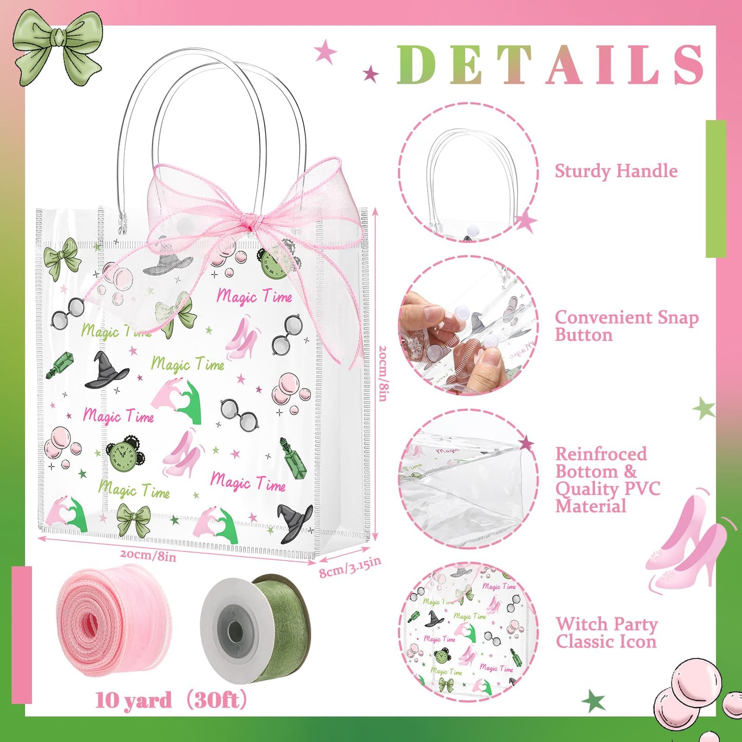Sweetude 24 Pack Witch Party Gift Bags with Ribbon Bow Witch Party Favors PVC Clear Gift Goodie Bags with Handles for Pink and Green Birthday Decorations Friendship Fans Favors Halloween Decorations