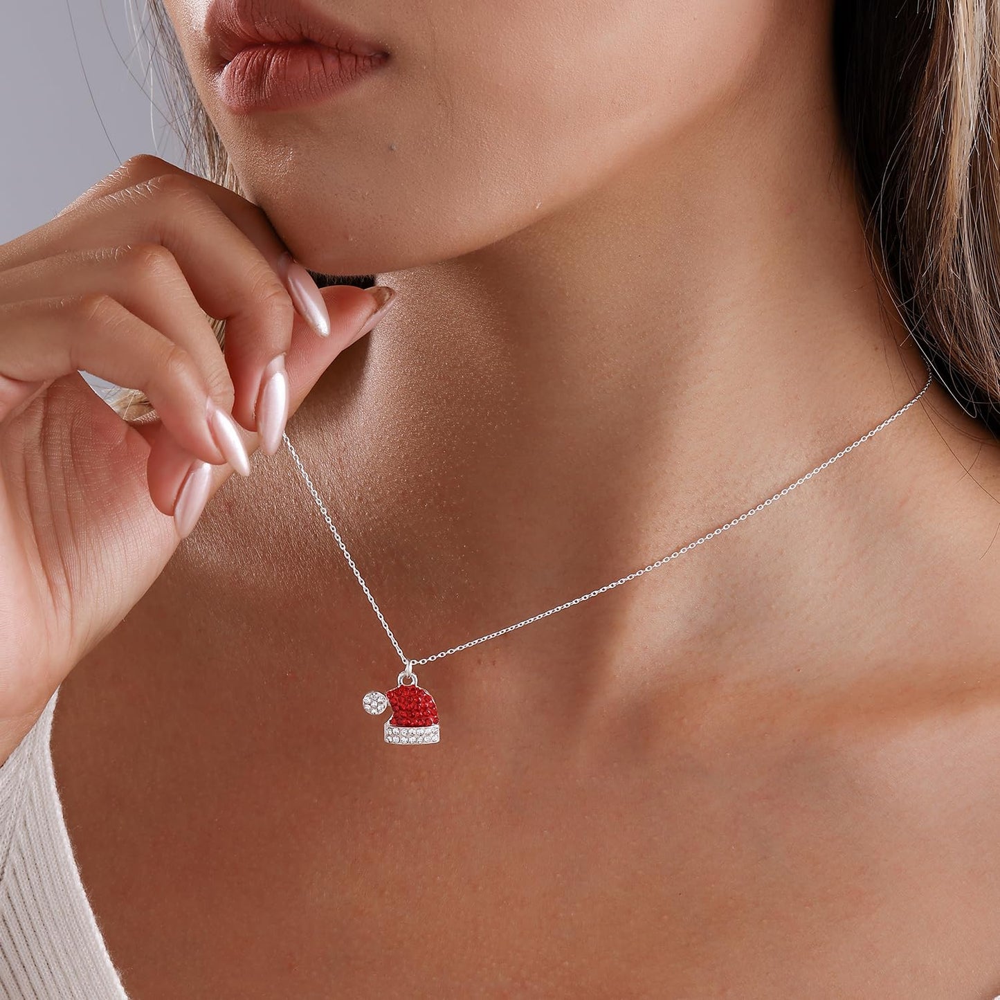 MYANAIL Christmas Earrings for Women Jewelry Gift Rhinestone Stud Earrings for Women Red Crystal Santa Hat Dangle Earrings Necklace Set Santa Hat Drop Earring (Christmas Hats Necklace)