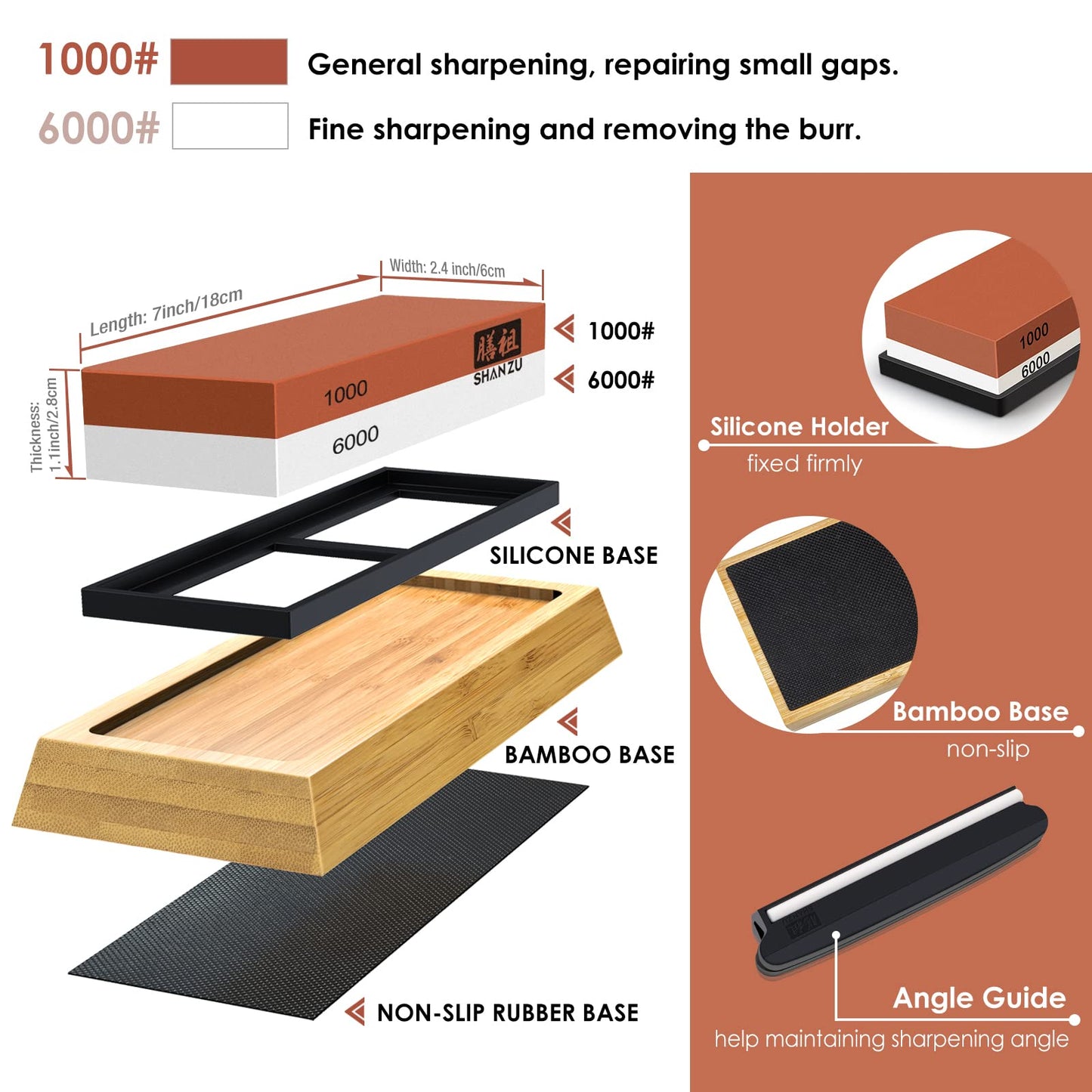 SHAN ZU Sharpening Stone, Whetstone with Angle Guide Non-Slip Bamboo Base grit 1000/6000 Knife Sharpeners, Professional 2-in-1 Wetstone