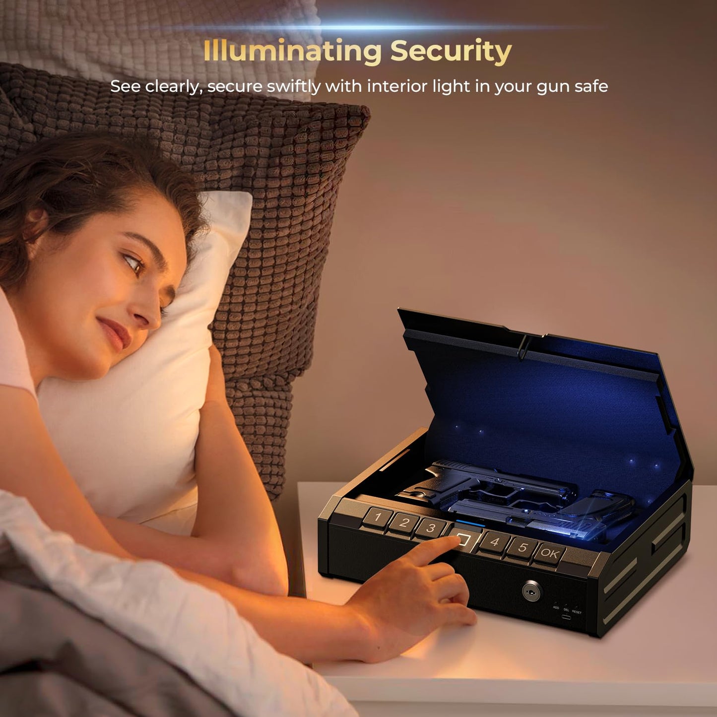 ONNAIS Iron PRO Biometric Fingerprint Gun Safe for Handgun, Swift Entry Gun Lock Box Featuring with Interior Light and Emergency Power Supply, Pistol Safes for Home, Nightstand, Bedside, and Car, Gift