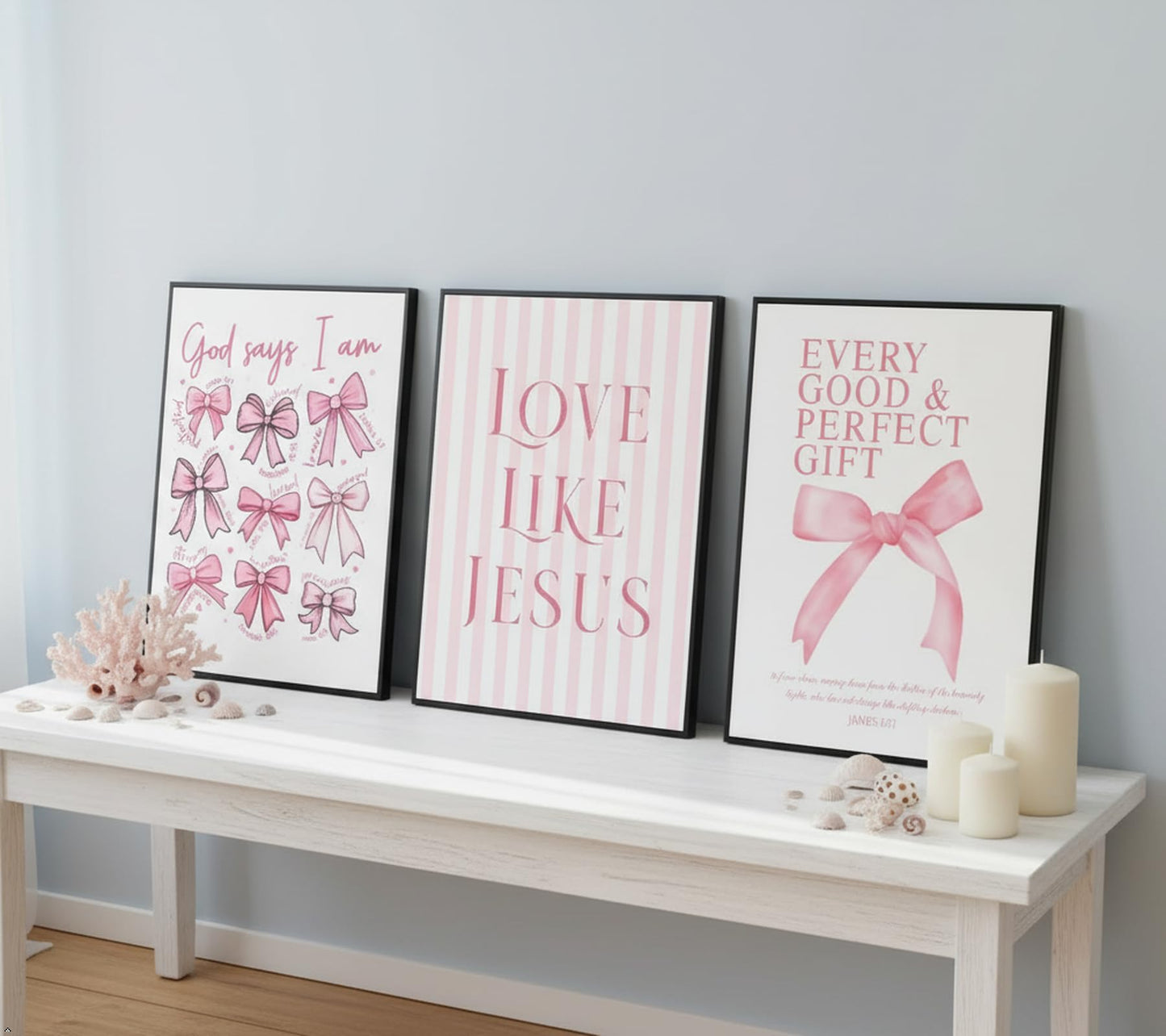 3Pcs Pink Bow Canvas Wall Art, Coquette Preppy Painting Pictures Wall Decor, Christian Inspirational Bible Posters Print Artwork for Girls Dorm Room, Apartment, Home Decoration 16x24 Unframed