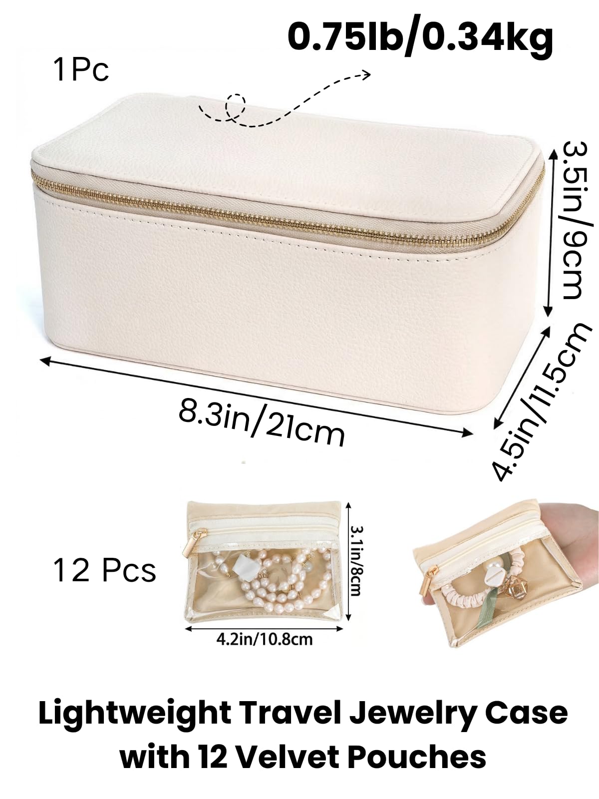 Hacaroa Travel Jewelry Case with 12 Velvet Pouches, Jewelry Storage Organizer Box PU Leather, Clear Window Small Bags Wedding Gifts for Earrings, Necklaces, Bracelets, Rings, Women, Girls, Cream White