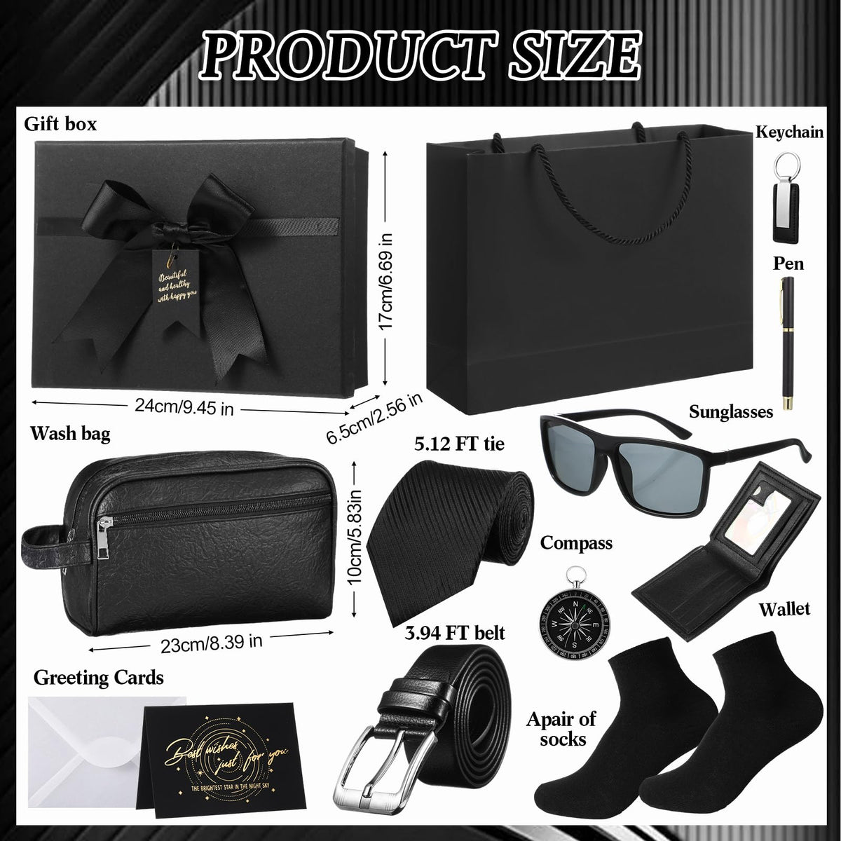 Geyoga 12 Pcs Men Father's Day Birthdays Gift Set with Box for Men Dad Basket PU Leather Wallet Leather Toiletry Bag Tie Socks Belt Keychain Sunglasses Pen Compass Set(Black)