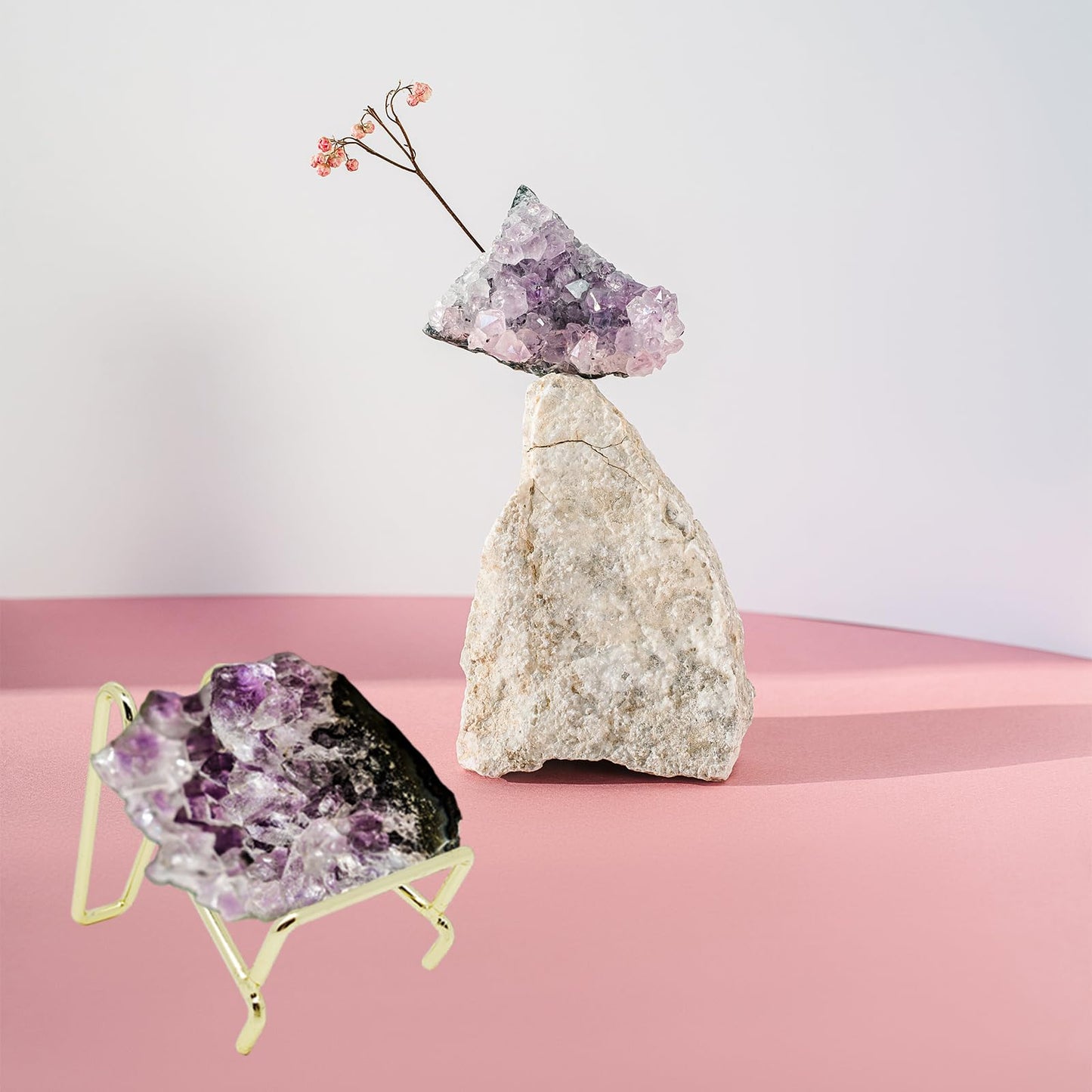 Nwsrayu 12 pcs 3 Sizes Rock Display Stand Gold Metal Easel Stands Crystals Holder for Display Collectibles Crystals, Rocks, Geodes, Heart Stones, Mineral Agate Fossil , Cards, Coins,Plates