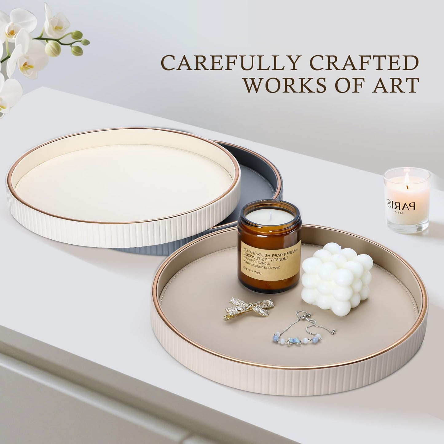 KINGFOM Round Decorative Tray, PU Leather Vanity Tray Organizer with Gold Trim for Dresser, Coffee Table & Bathroom Counter, Modern Home Decor Jewelry & Perfume Tray for Men Women (Beige)