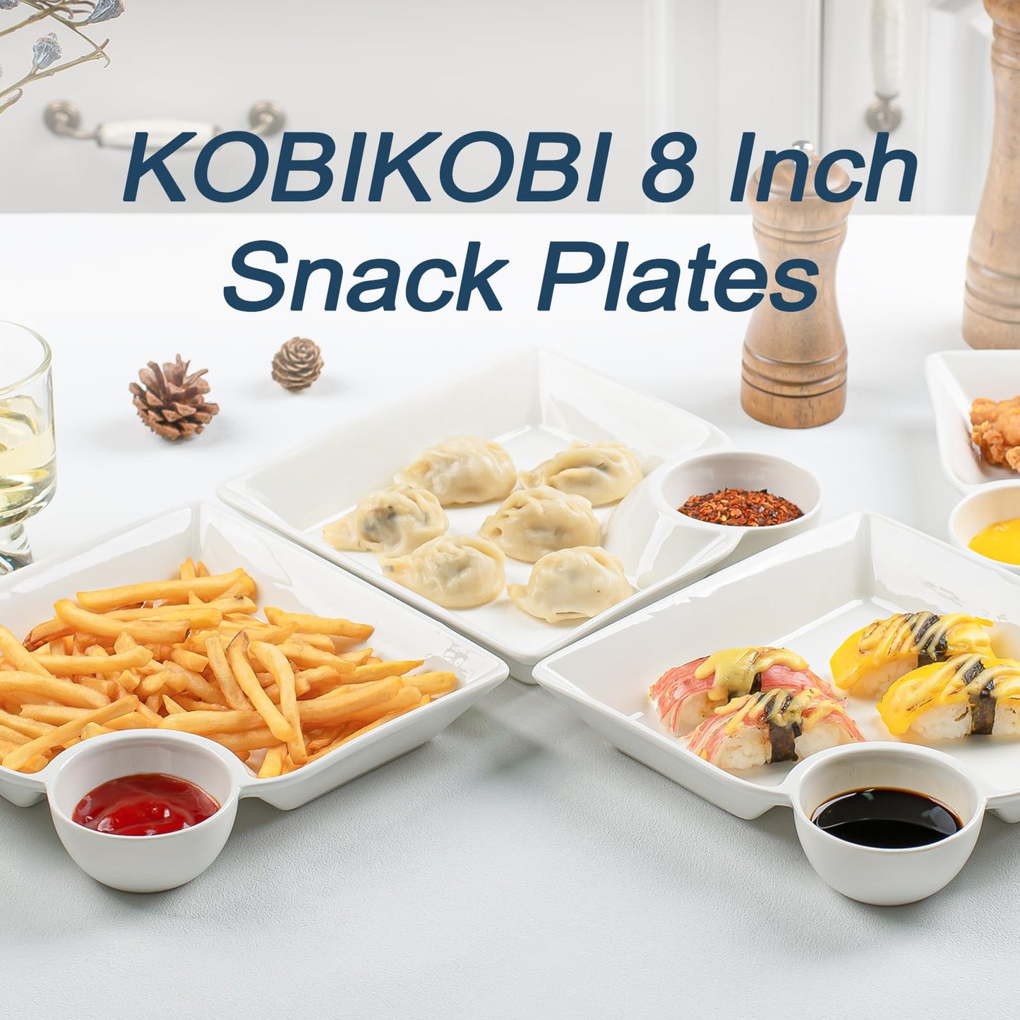 KOBIKOBI Chip and Dip Serving Platter Set of 4-8 Inch Ceramic Divided Plates with Sauce Compartment, Food-Safe Snack Plate for Dumpling, Sushi, Appetizer, Taco - White