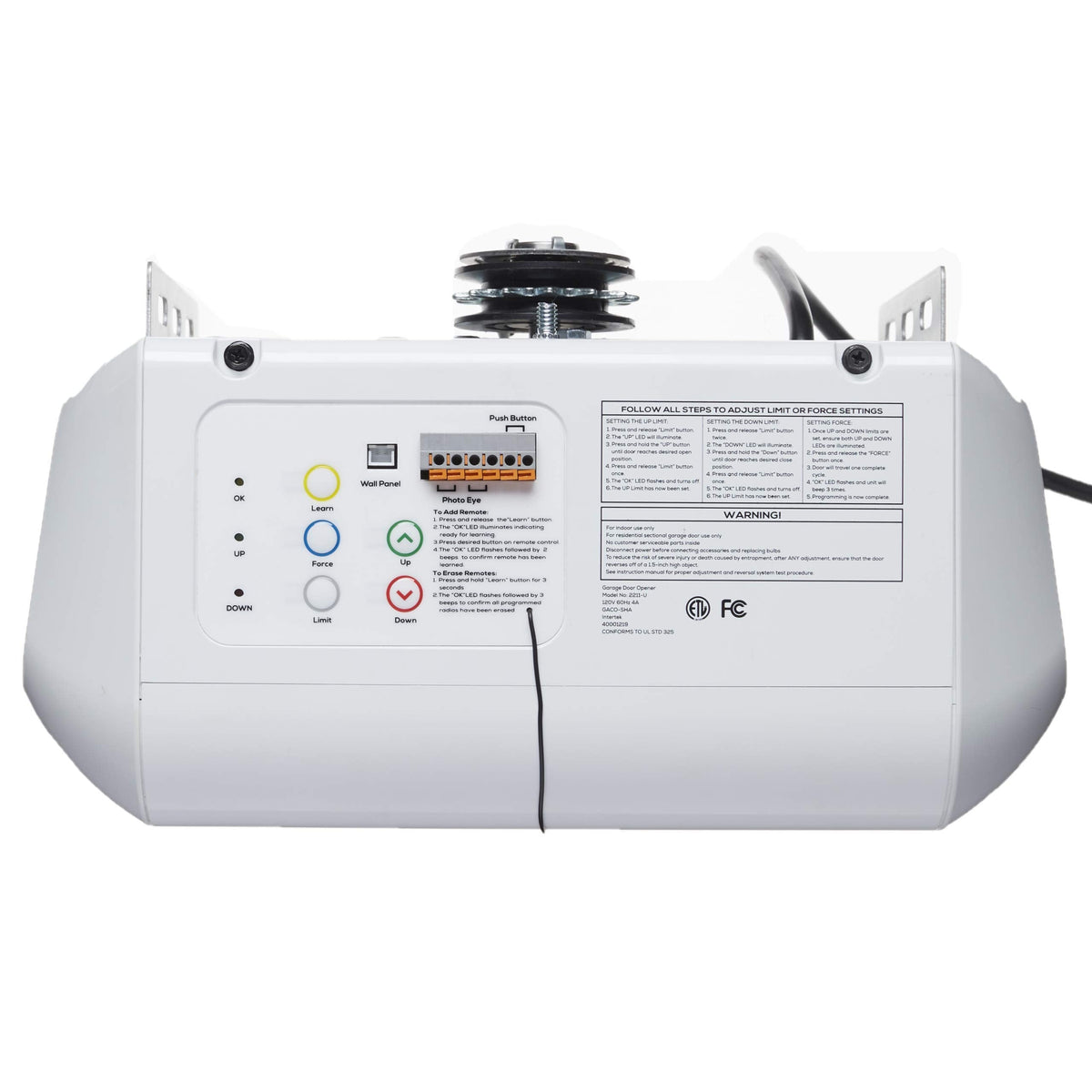 Workhorse BU100 Overhead Garage Door Opener with Heavy-Duty Chain Drive for Single or Double Doors, Wall Mount, and Remote Garage Opener Included, Quick and Easy Installation, White