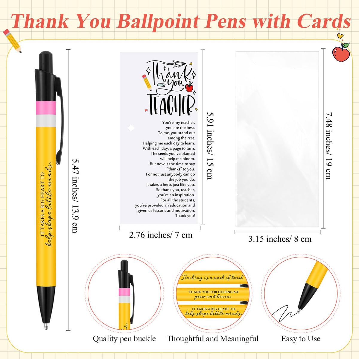 Sayglossy Teacher Appreciation Gifts Bulk Thank You Teacher Ballpoint Pens Cards and Bags Ties Small Inspirational End of School Gifts for Graduation Classroom Supplies(12 Sets)
