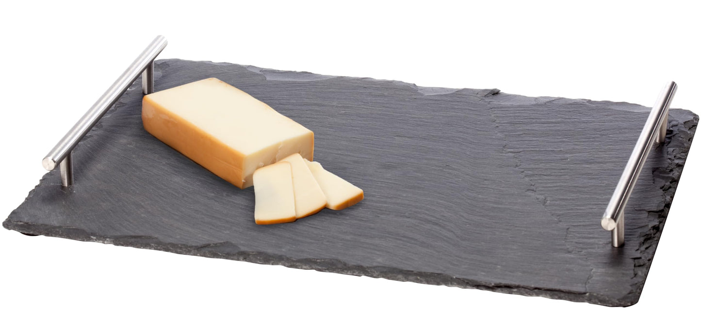 Oenophilia Slate Cheese Board with Stainless Steel Handles, Charcuterie Platter Serving Board Tray for Cheese, Crackers, and Meat