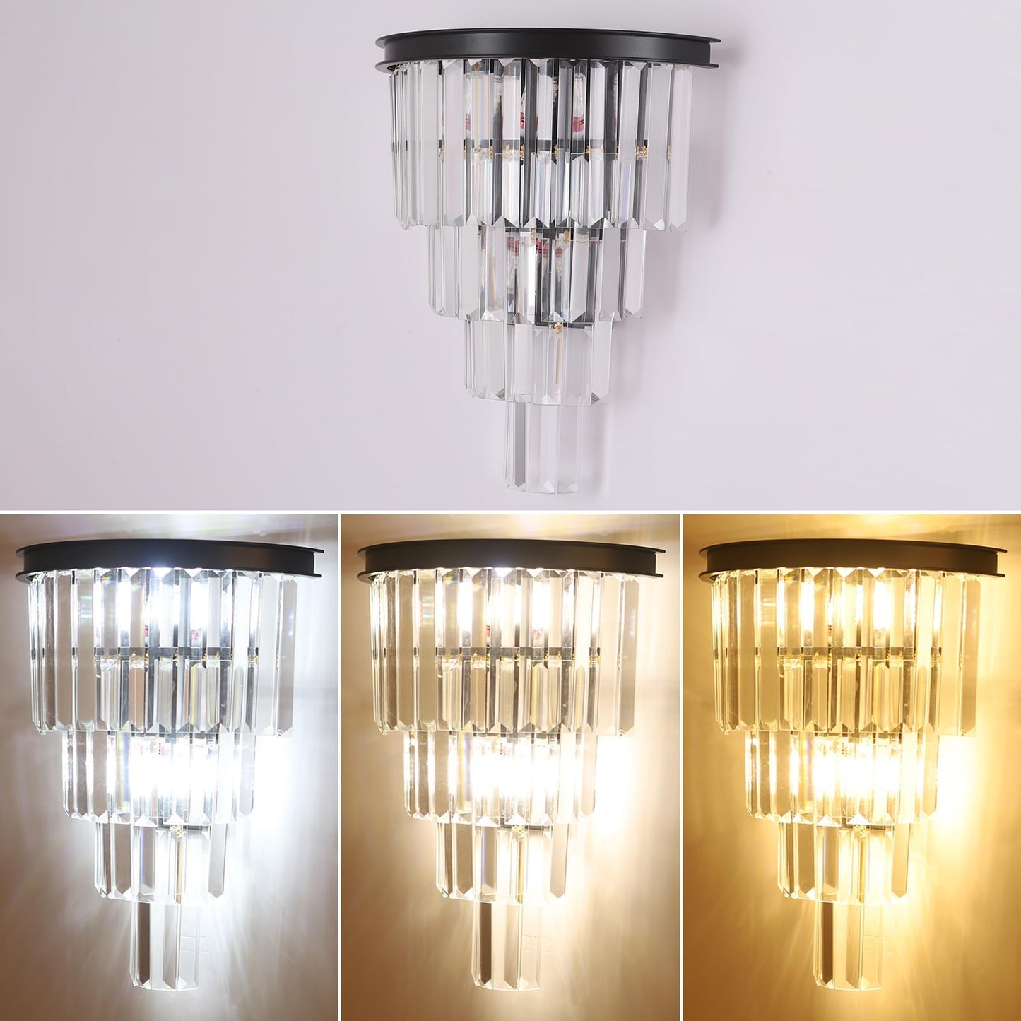 DOYFDOX Black Crystal Wall Sconce, Modern 4-Tiers K9 Clear Crystal Wall Light Bedside Wall Mount Lamp for Living Room Bedroom Mirror Dining Room Hallway Foyer Lighting Fixture
