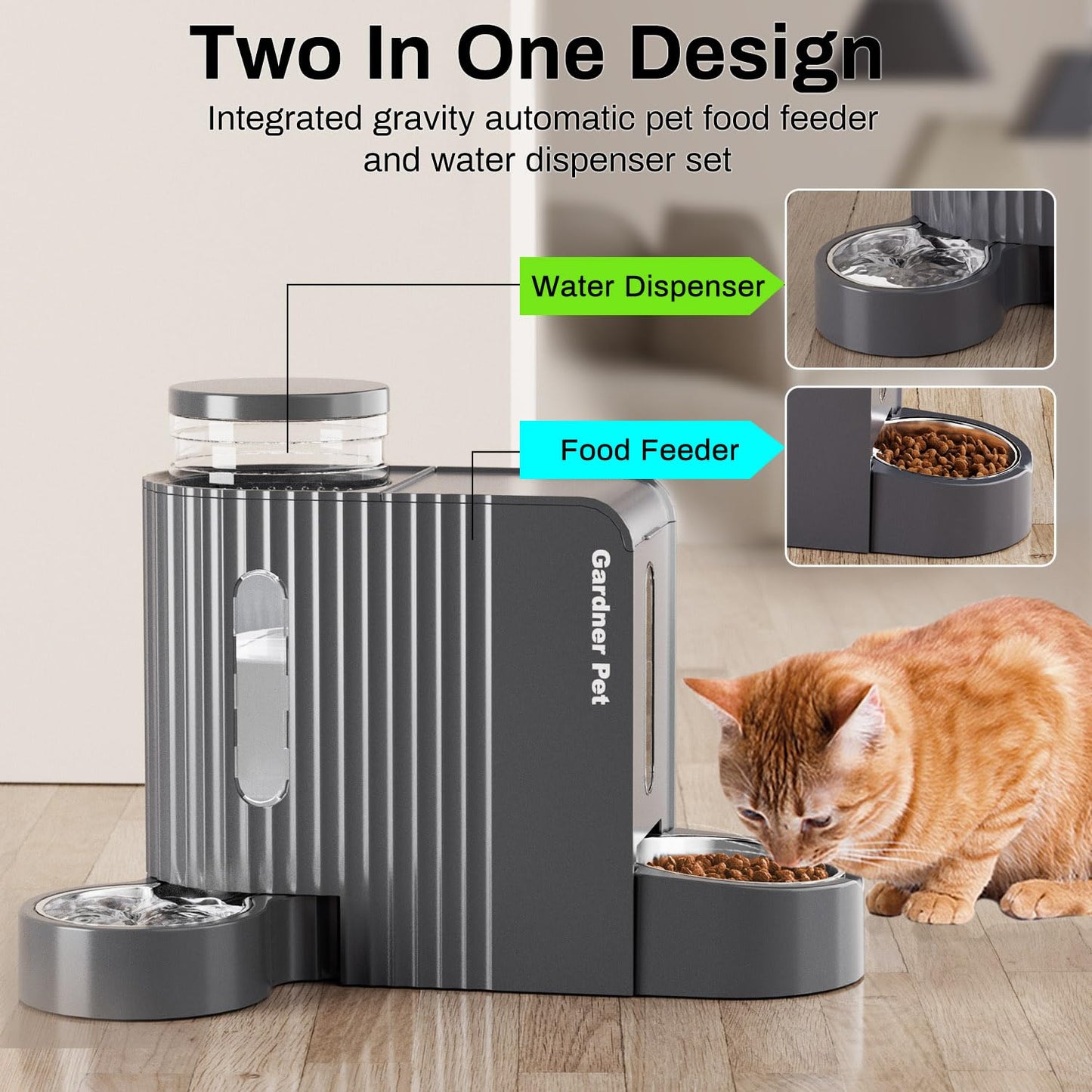 Gardner Pet 2 in 1 Automatic Cat Feeder and Water Dispenser 3L*2, Cat Bowls with Stainless Steel Bowl, Gravity Dog Water Dispenser, 100% BPA-Free, No Electricity Required, Dark Grey