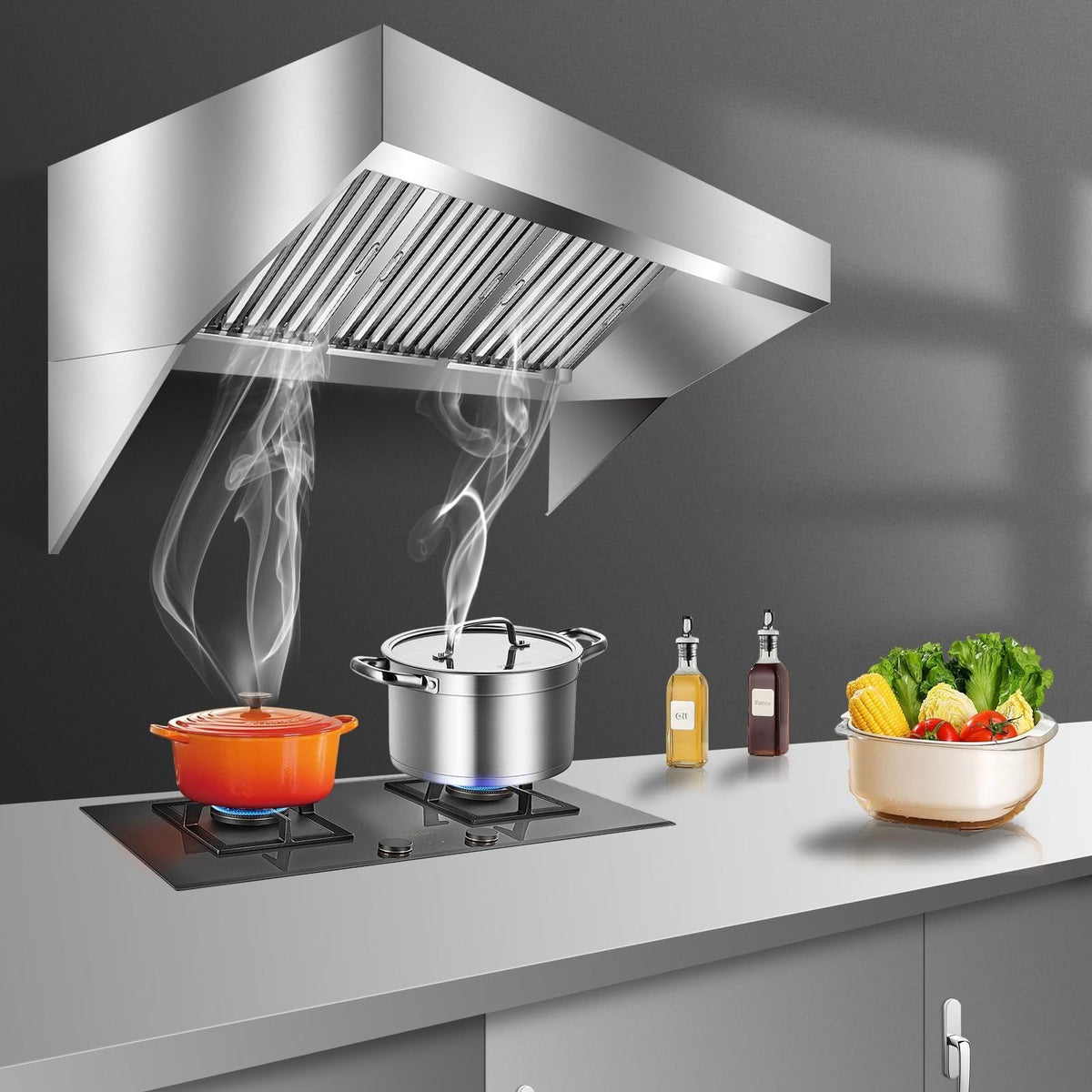 7FT Stainless Steel Commercial Exhaust Hood with 3 Removable u-Shaped Oil Filter Mesh, Rust-Resistant Ventilation Hood for Food Truck, Concession Trailer, and Restaurant Kitchen