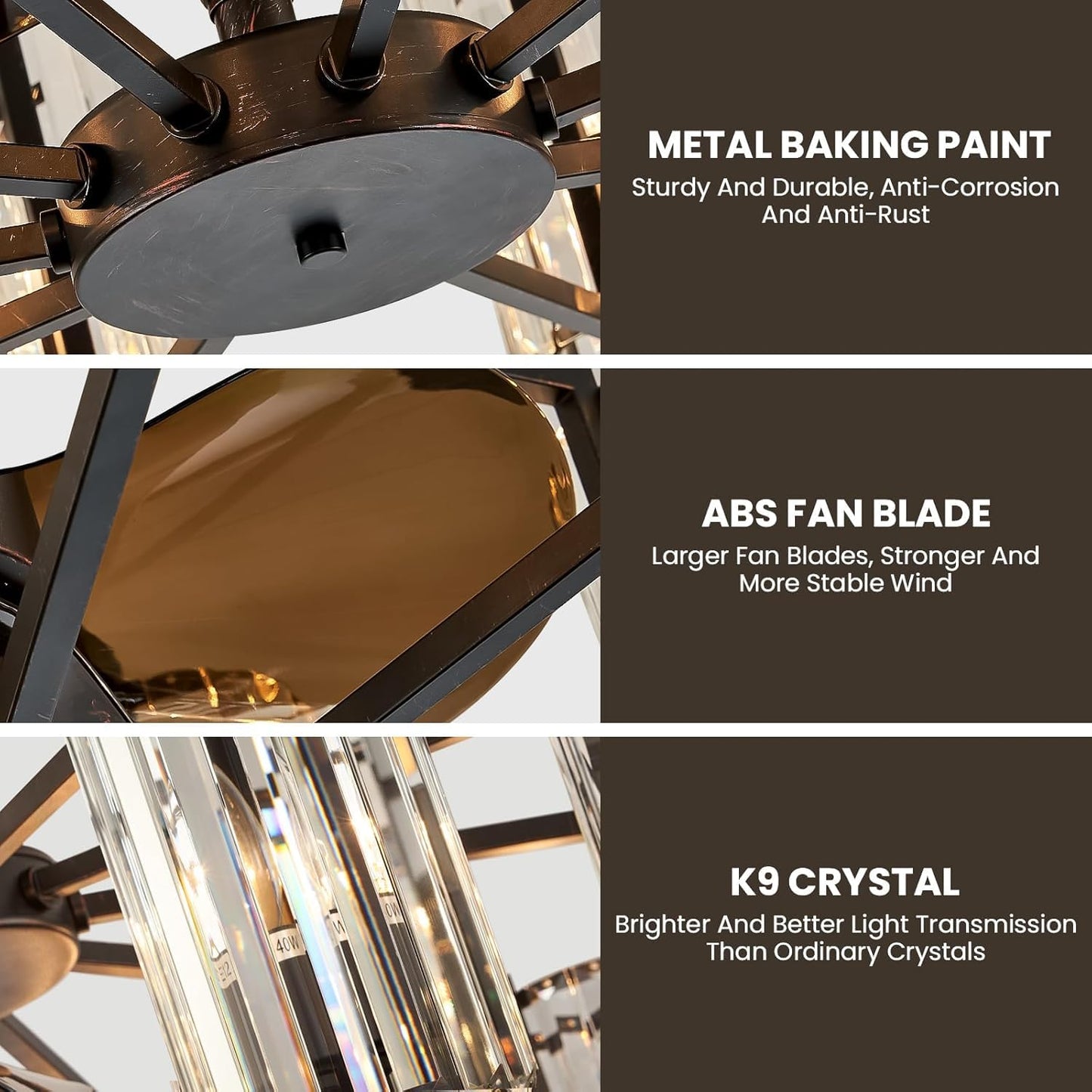MOOONICHE 34" Crystal Chandelier Ceiling Fan 8 Lights Vintage Flush Mounted Fandelier Reddish Brown Invisible Blades Ceiling Fan for Bedroom Dining Room Living Room Kitchen Farmhouse Entry