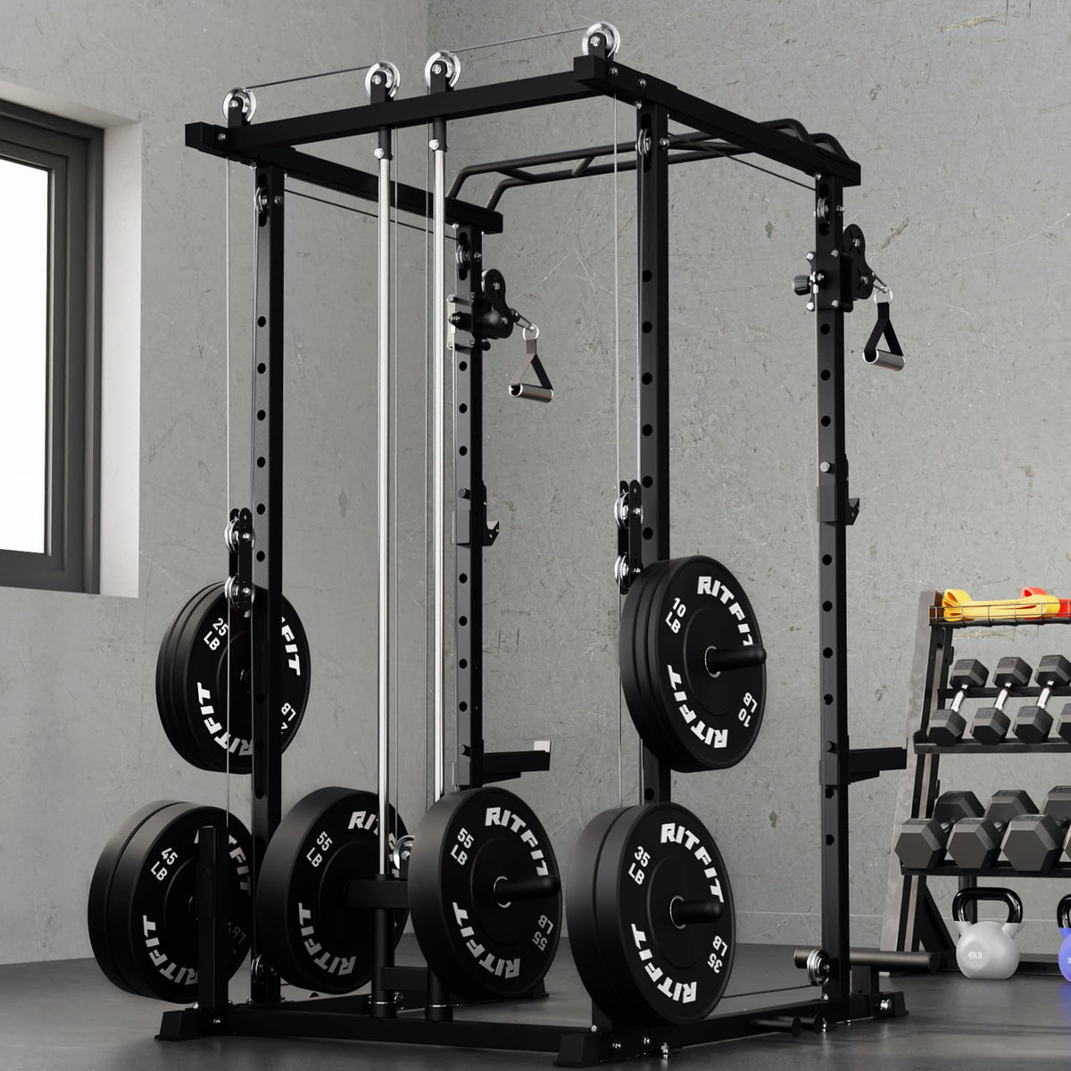 RitFit Multi-Function Power Rack Cage PPC-P3 with Adjustable Cable Crossover System,1200LBS Capacity, Full Home Gym Workout with J-Hook, Landmine and Other Attachments-Black