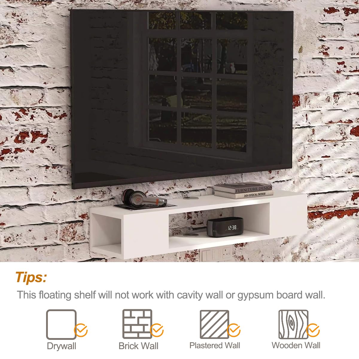 GHC Floating TV Stand, Wall Mounted Entertainment Center and Cabinet Shelf, Media Console for DVD Player, Space-Saving Under TV Shelf for Bedroom, Living Room (White)