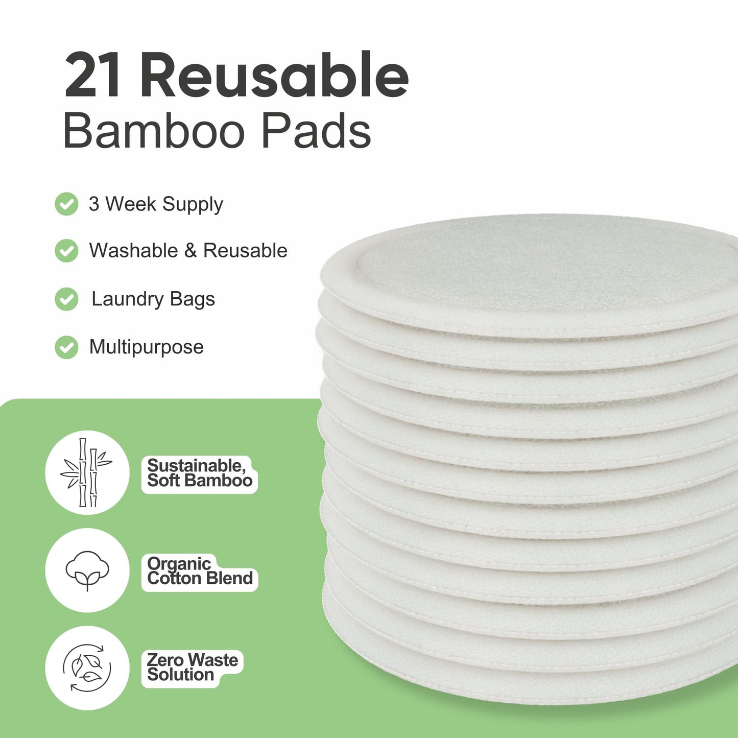 TRIBOO (21-Pack) Reusable Cotton Pads, Super Soft Bamboo Cotton Wool Pads, Reusable Makeup Remover Pads with Skin Care Hacks E-Book, Large Cotton Wool Pads for Face, Breast Pads & Baby