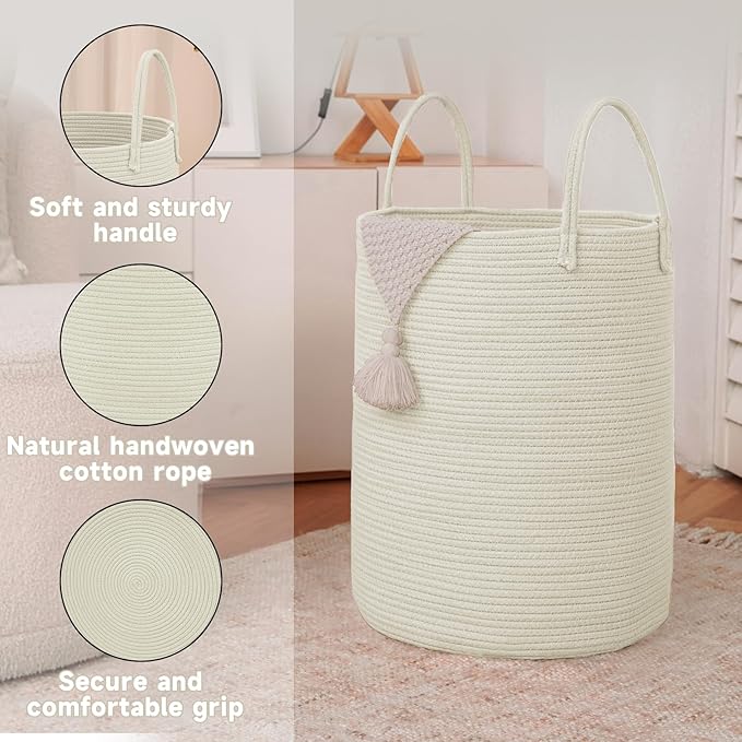Large Woven Laundry Basket Hamper, 80L Cotton Rope Storage Bin