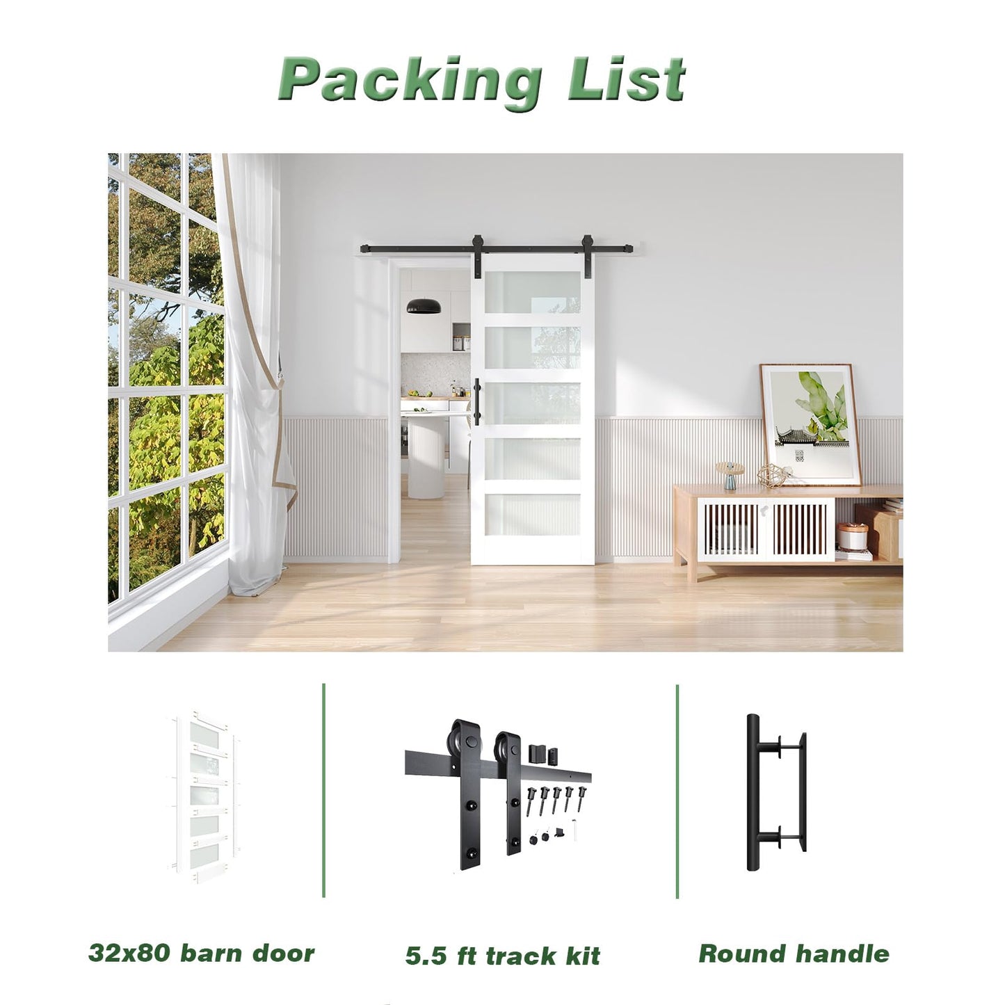 Fredbeck 32x80 White Glass Barn Door with 5.5FT 66inch Sliding Doors Hardware Kit Included & Handle,PVC Surface,Water-Proof,Easy to Assembly