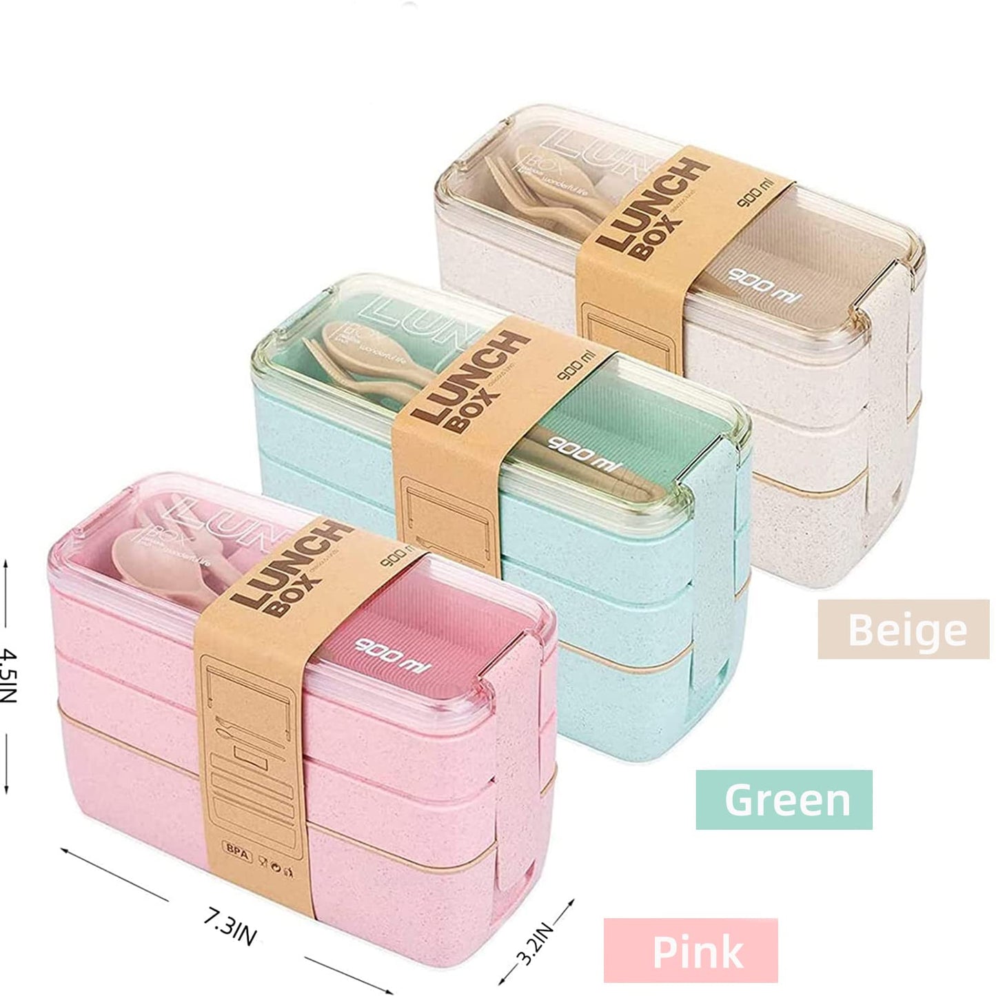Rarapop 2 Pack Stackable Bento Box Japanese Lunch Box Kit with Spoon & Fork, 3-In-1 Compartment Wheat Straw Meal Prep Containers for Kids & Adults (Pink/Beige)