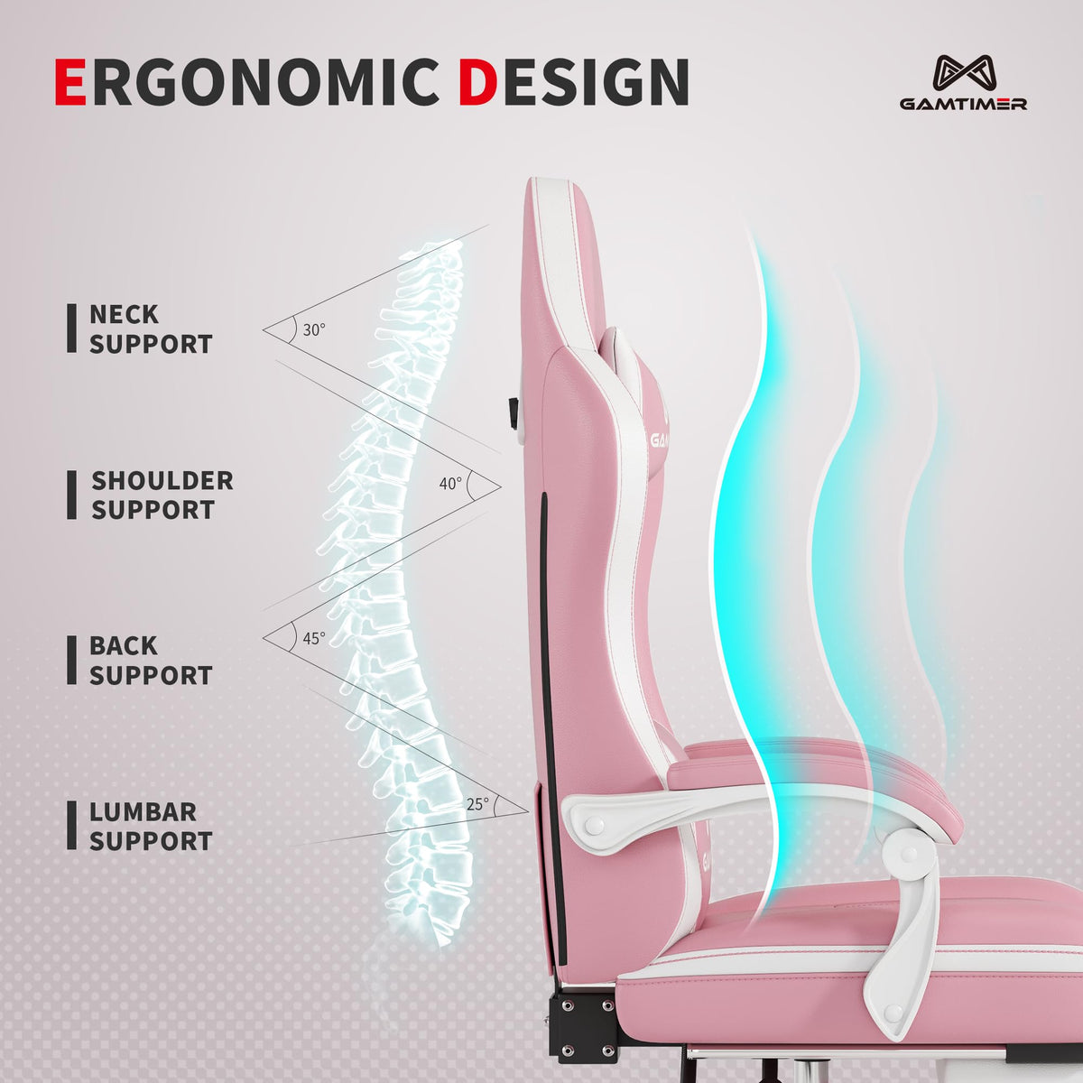 Gamtimer Gaming Chair with Footrest, Ergonomic Computer Chair, PU Breathable Material with Headrest and Lumbar Support, Suitable for Silla Gamer and Adults(Pink)