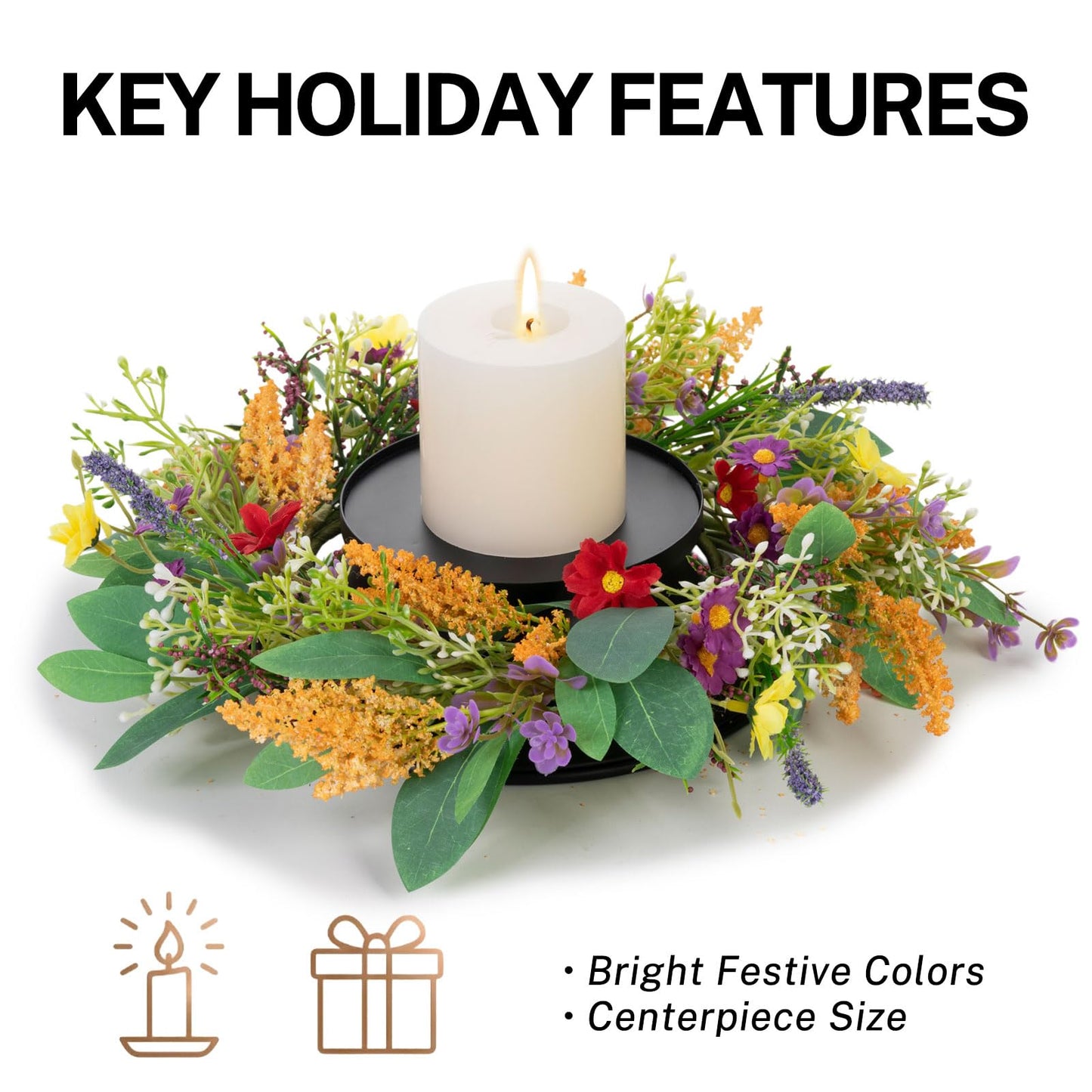 MOYEE Summer Candle Holder Centerpieces for Tables,Candle Ring, Black Metal Candlestick with an Artificial Wreath 14 in Versatile Dining Table Centrepiece(Golden Wheat Ear Wreath)