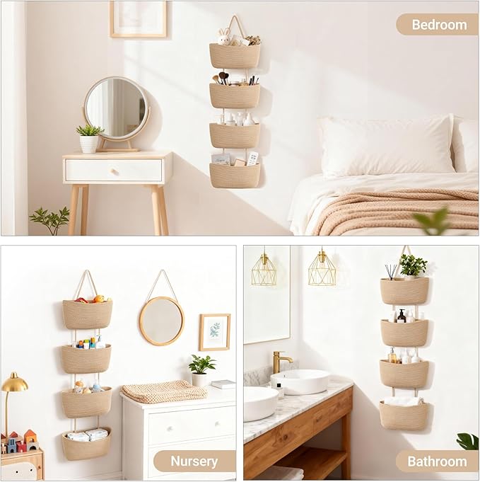 Dahey Over The Door Hanging Basket 4-Tier Woven Boho Wall Mounted Storage