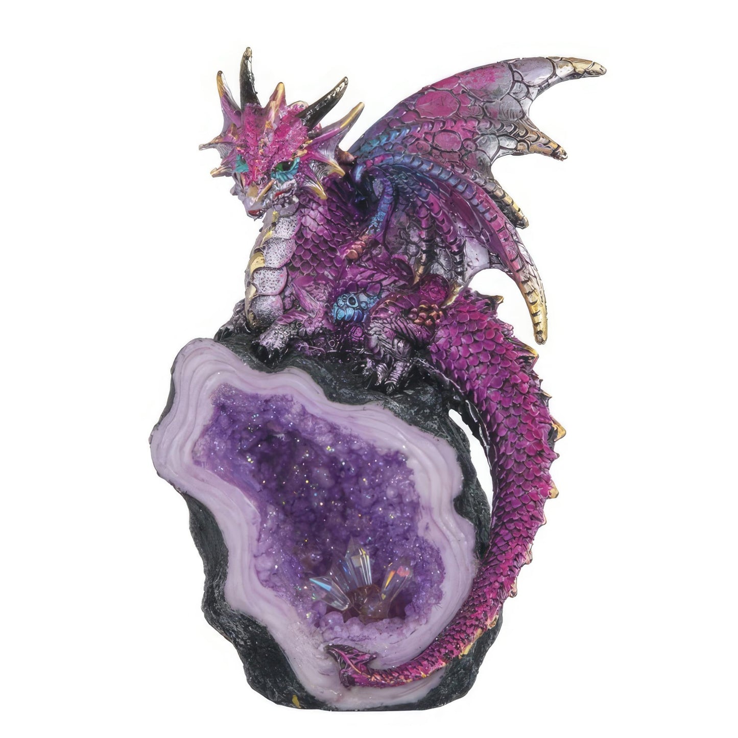 ICE Armor 8" H Purple Dragon with Faux CrystalGuardian of Mystic Geode - A Fantasy Sculpture of Enchanted Majesty
