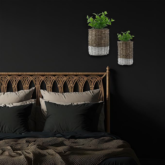 AuldHome Design Wall Hanging Baskets; Woven WIcker Rustic Farmhouse Two-Tone