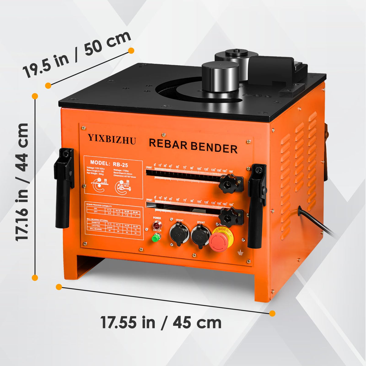 YIXBIZHU 1700W Rebar Bender, 5s Bends for #2–#8 (6–25mm), 0–180°Angle Dial with 30°/45°/90°/135° Stops, Heavy Cast-Iron Body, Foot-Pedal Hydraulic Steel Bending Tool (RB‑25)