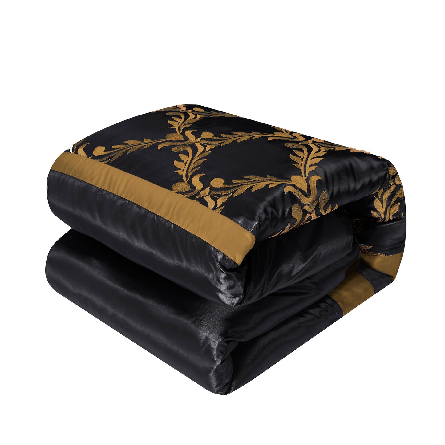 HIG 7 Piece Bed in A Bag Comforter Set Queen - Black and Gold Faux Silk Fabric Embroidered - Breathable and Wrinkle Resistant -1 Comforter, 2 Shams, 3 Decorative Pillows, 1 Bedskirt