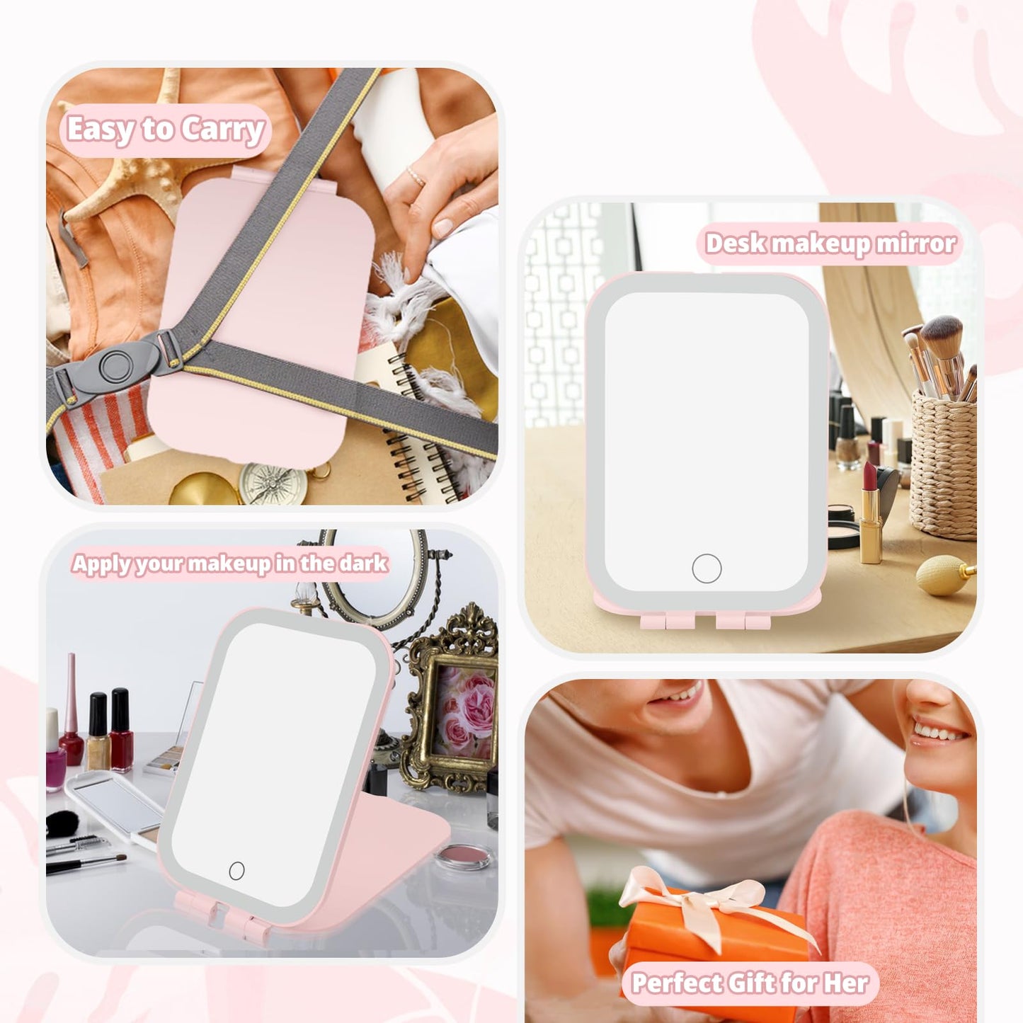 Travel Makeup Mirror, Portable Mirror with 3 Adjustable Light Settings, USB-Rechargeable Vanity Mirror with Lights,Gift for Women and Girls