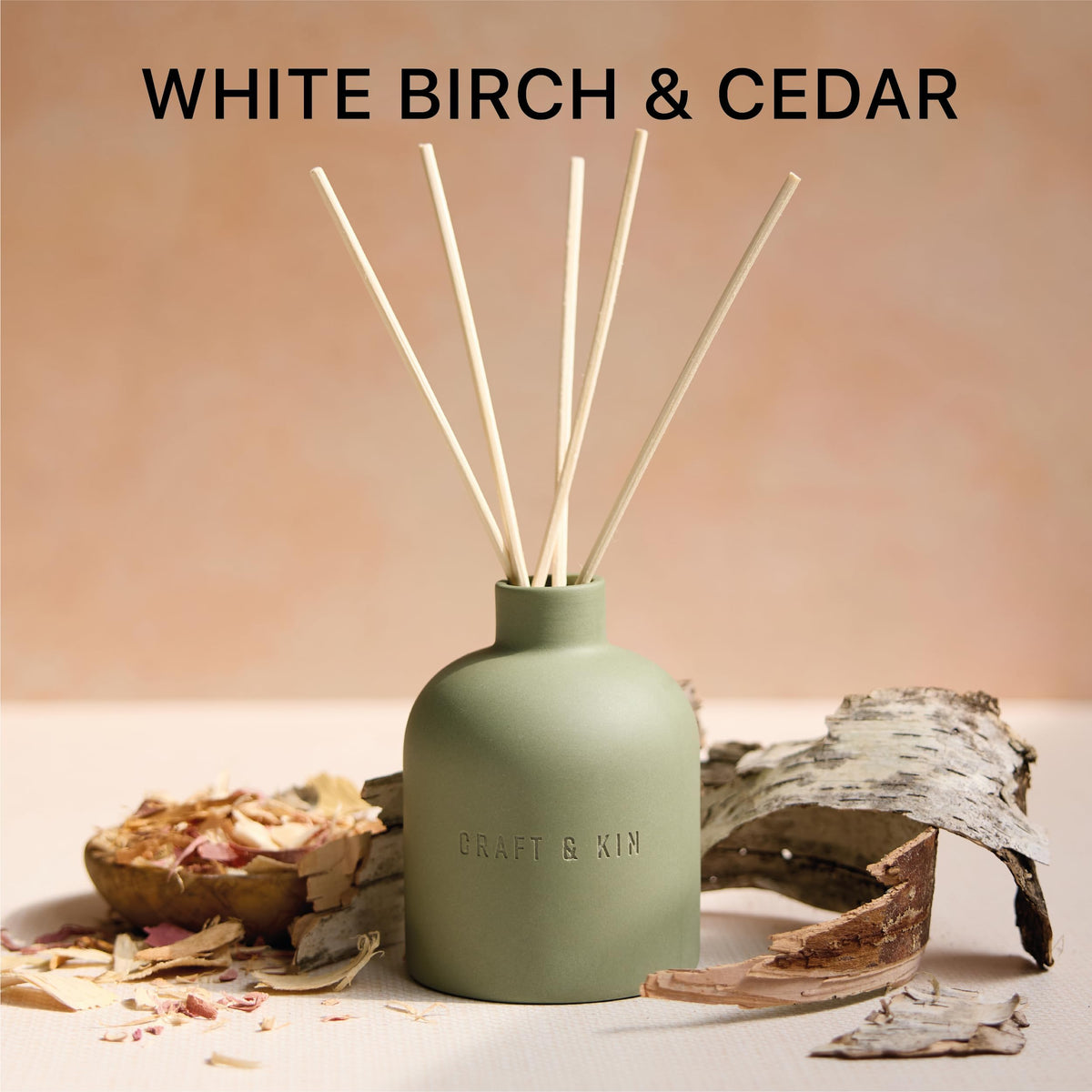 Craft & Kin Reed Diffuser for Home & Bathroom – White Birch & Cedar Holiday Reed Diffuser Set with Fragrance Sticks, Long-Lasting Alcohol-Free Winter Scent, Earthenware Collection, 6.7oz