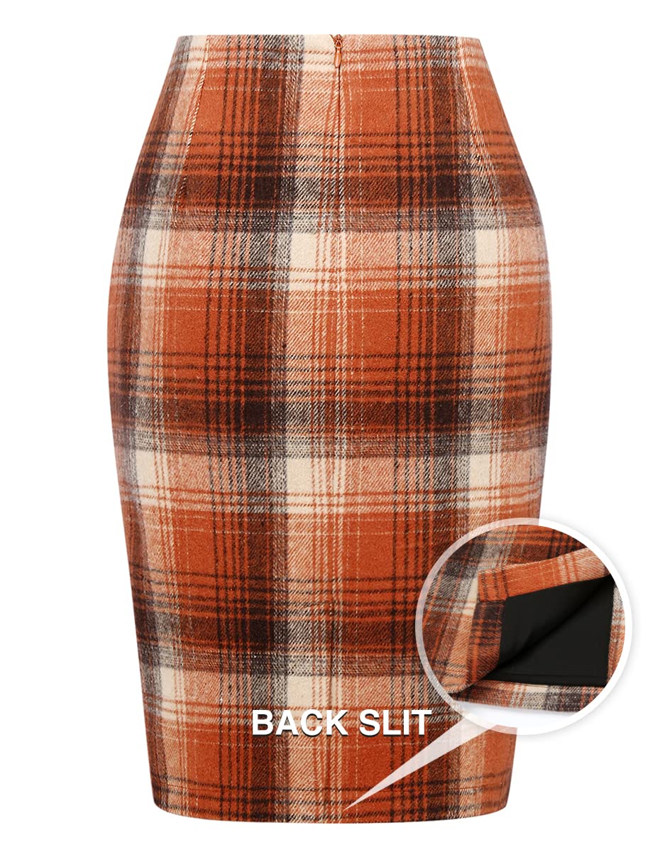 Orange Skirt Halloween Clothes for Women 2025 Outfits High Waisted Knee Length Bodycon Burnt Orange Plaid Skirt with Slit, Orange, M