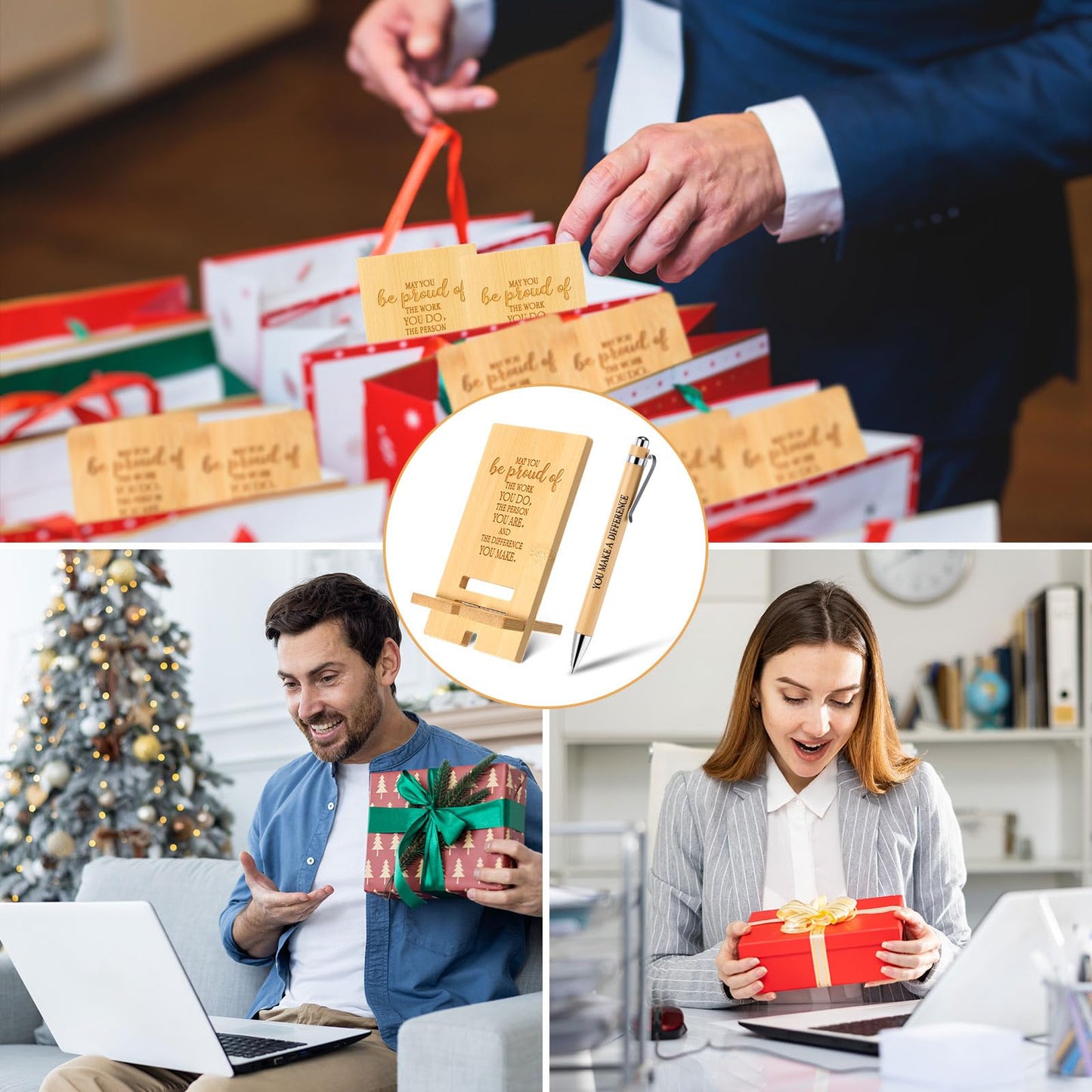 Ripeng 10 Sets Employee Appreciation Gifts Bulk Bamboo Phone Stands with Ballpoint Pens for Desk Office Workers Thank You Gift for Team Coworkers Staff Volunteer Teacher Colleagues (Proud)