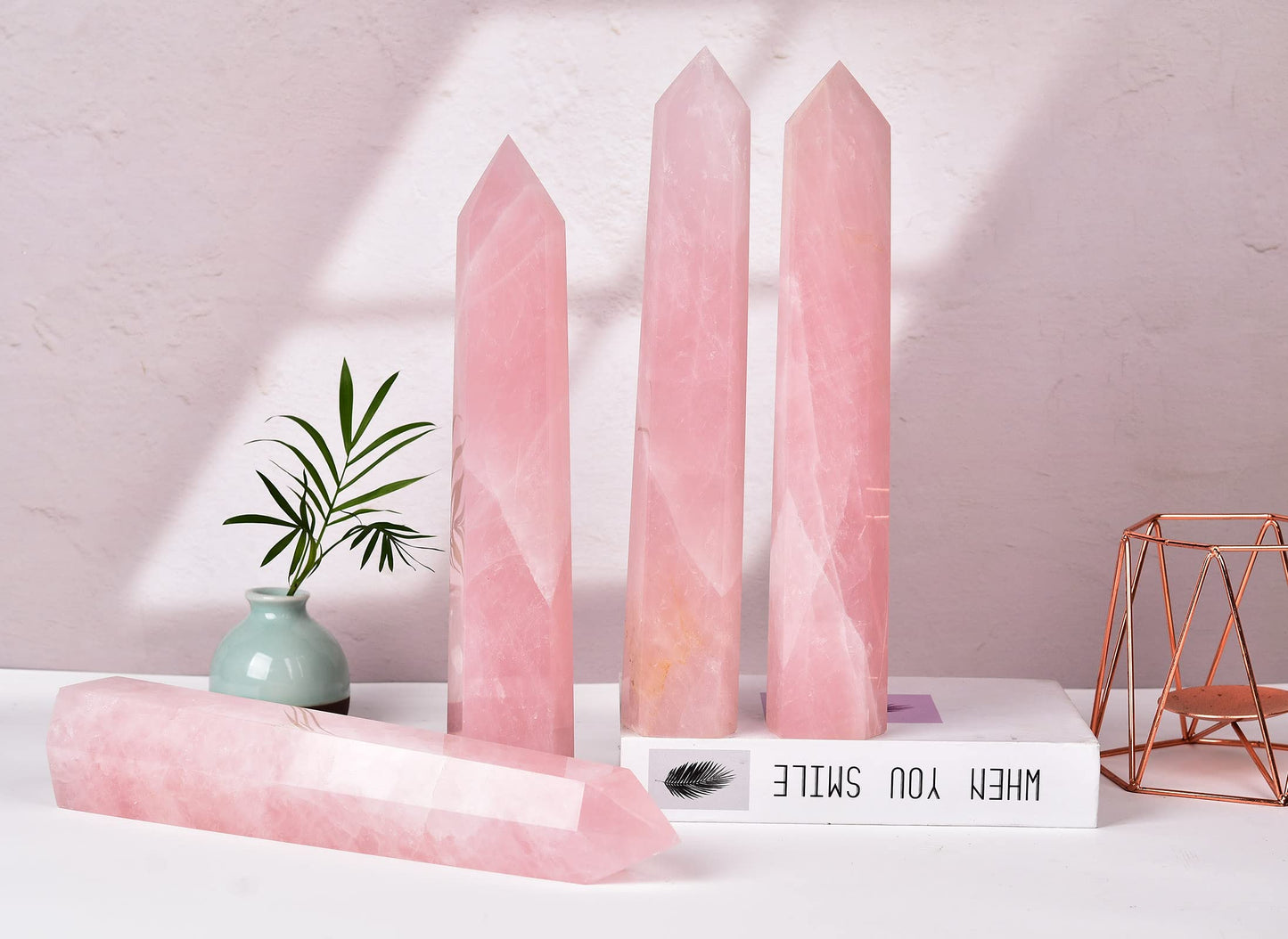 AMOYSTONE Large Healing Crystal Obelisk Tower Rose Quartz Point Wand Crystal Decor Reiki Gifts for Bignners 3.5-4.0 LBS