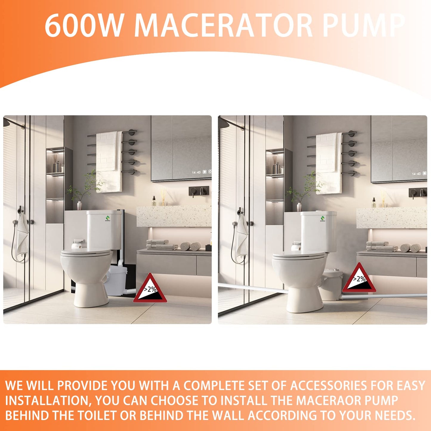 600W Macerator Pump, Sewerage Macerator Pump for Basement System, Macerating Toilet Pump with 4 Water lnlets Connectable Sink, Shower Room, Laundry