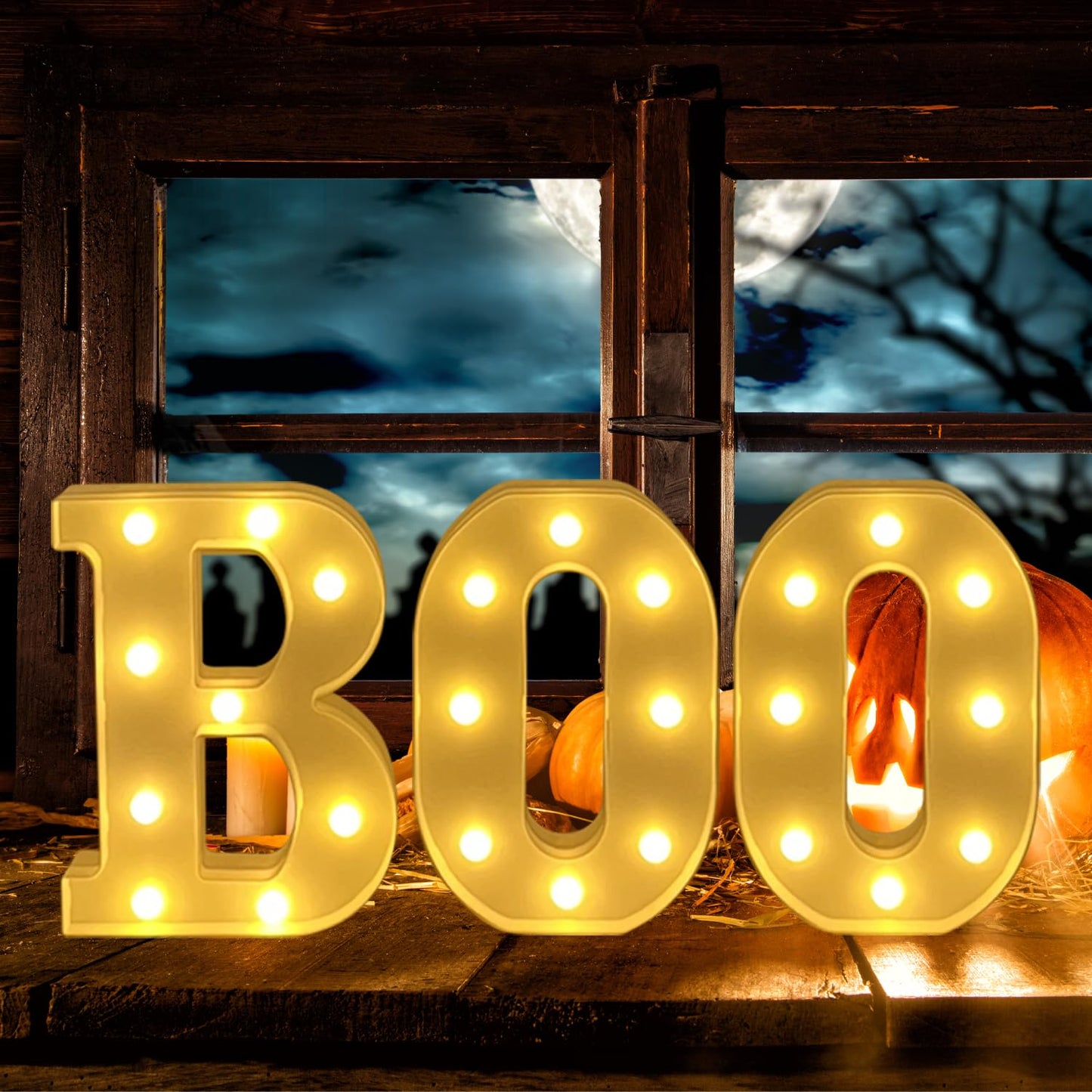 ZUOKEMY Halloween Decorative Lights - Light up Letter "BOO" Sign Halloween Outdoor Family Room Kitchen Fireplace Tabletop Party Decoration Supplies