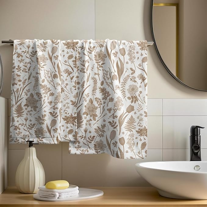 Spring Floral Hand Towels for Bathroom Set of 2 Brown White Flower Leaves