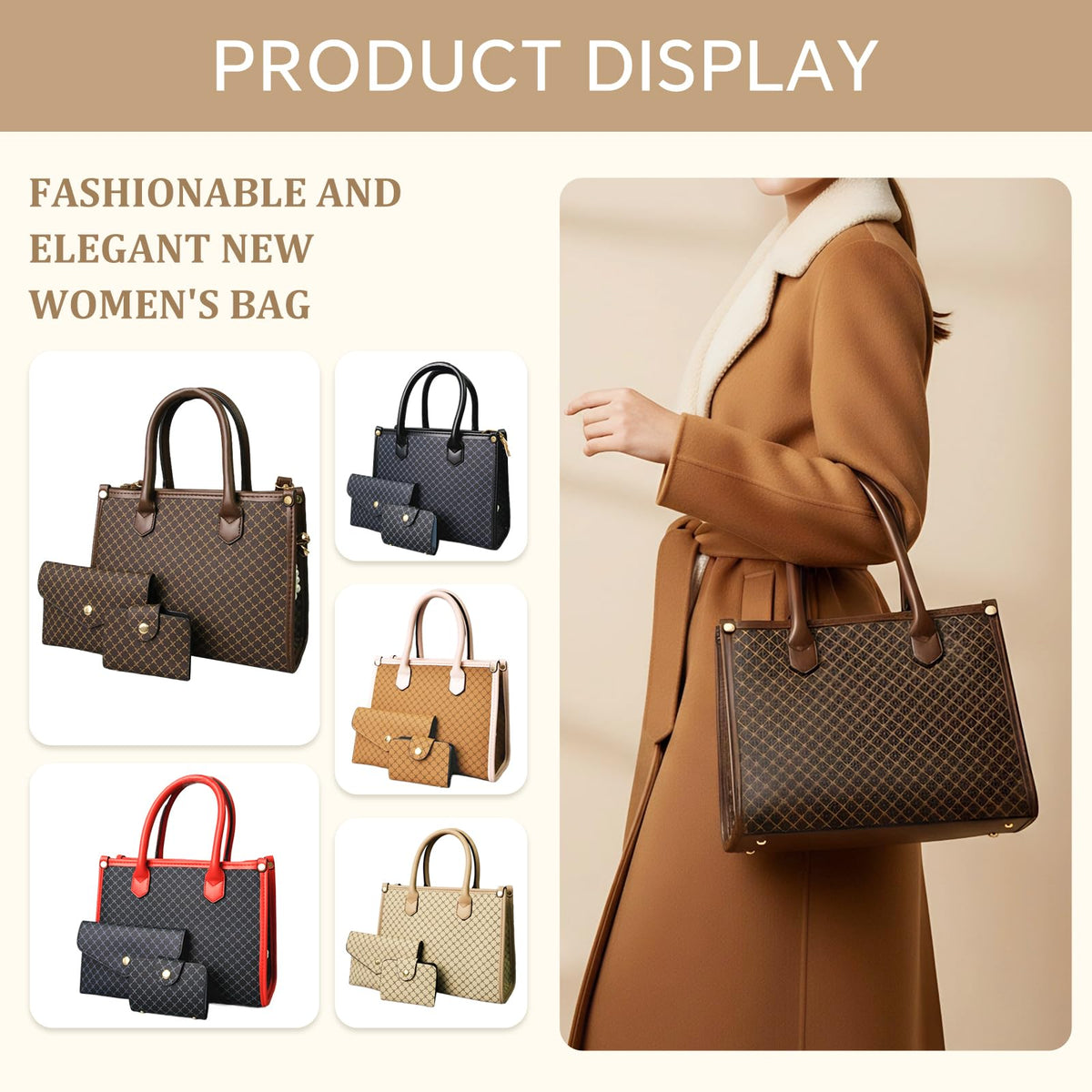 Tigpoy 3pcs Purses and Handbags Set for Women, Top Handle Satchel Purse, Satchel Shoulder Bag with Wallet and Card Purse, Vegan Leather Crossbody Bag Handbags for Daily Use (Coffee)