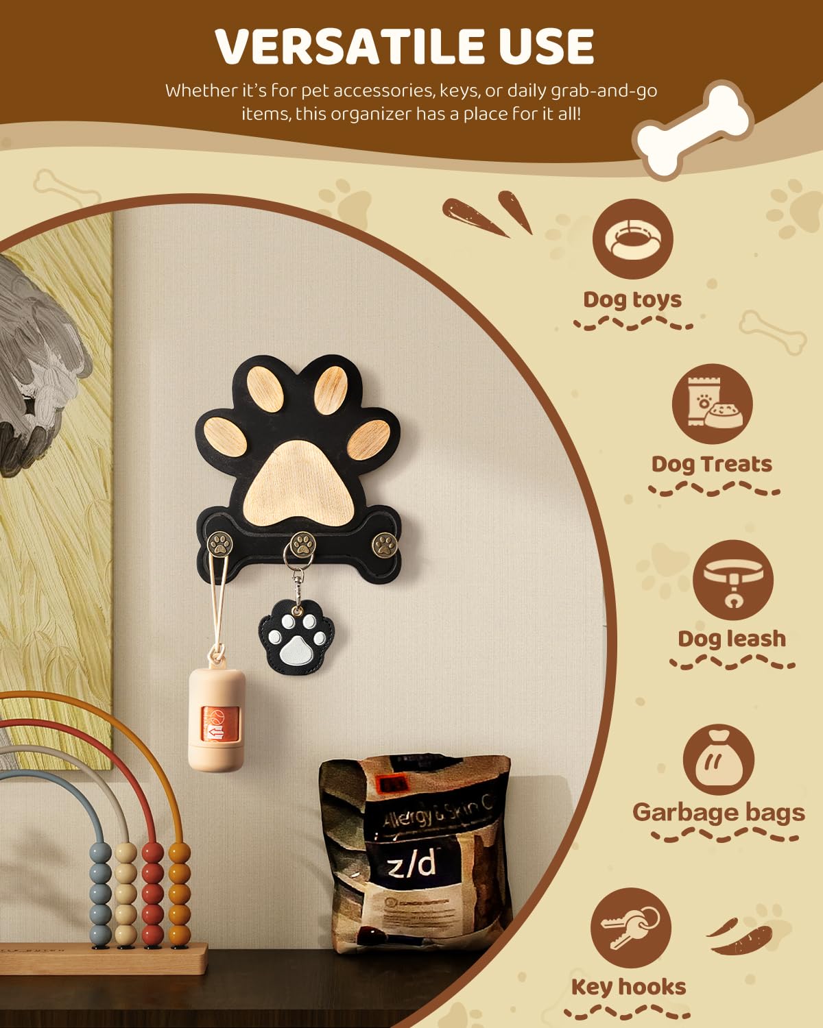 MTERSN Pine Wood Key Holder Wall Mount – Cute Dog Paw Key Hooks for Dog Leash Holder & Coat Rack for Entryway, Bedroom, or Living Room – Rustic Farmhouse Wall Decor for Home Organization (Black)