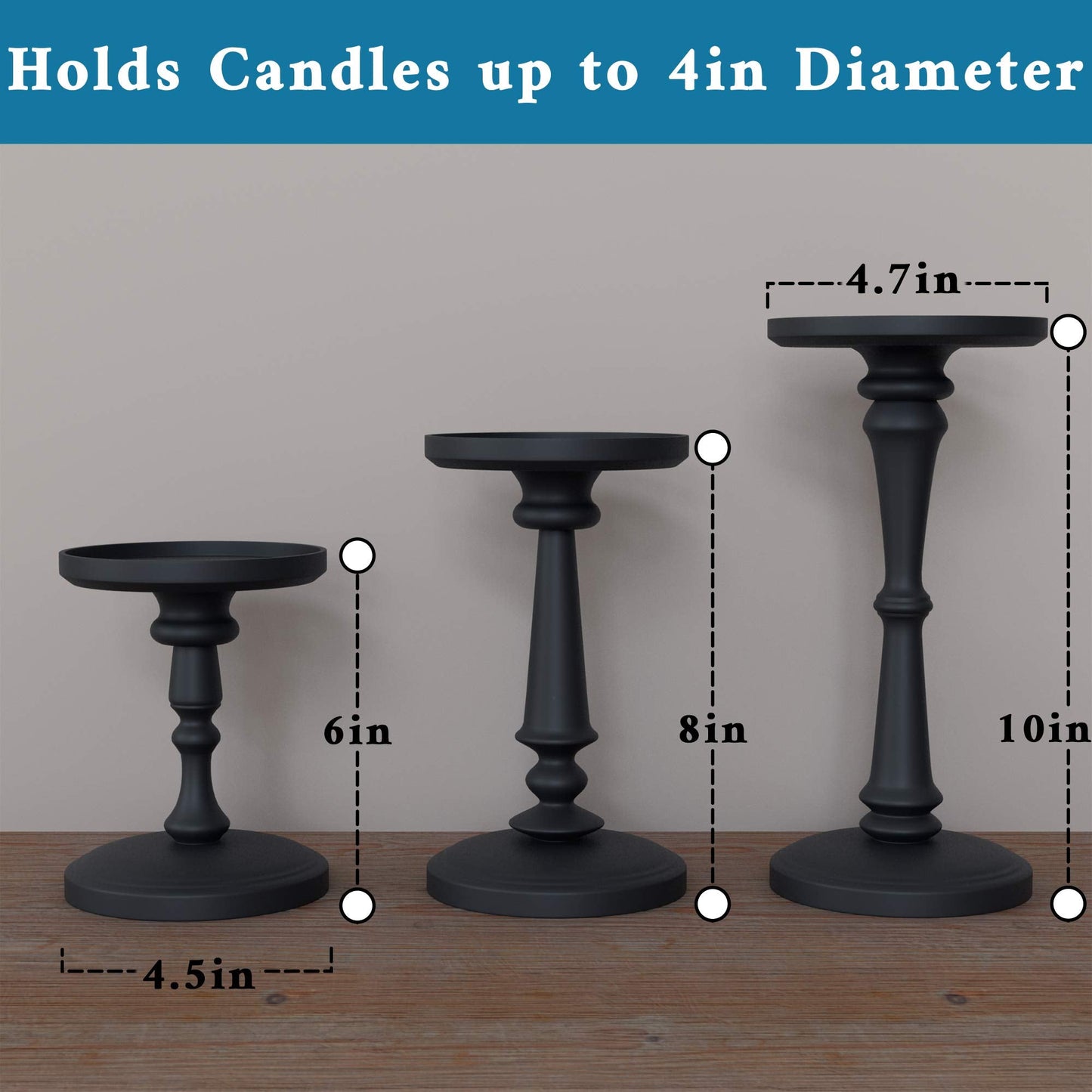 Matte Black Candle Holders Set of 3 - Metal Candle Holders for Pillar Candles & LED Flameless Candles - 6, 8 & 10 Inch Tall - Decorative for Table, Fireplace & More - Pillar Candles Holders Sets of 3